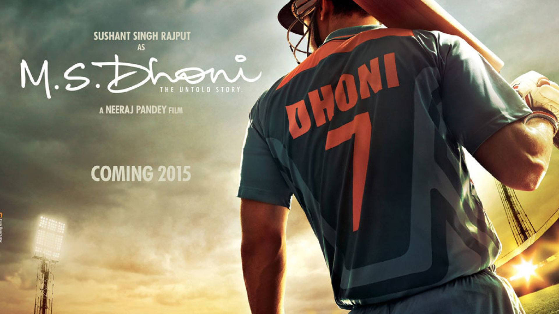 穿著Dhoni 7球衣的板球運動員在日落體育場手持球棒 — 達竇高清壁紙 壁紙