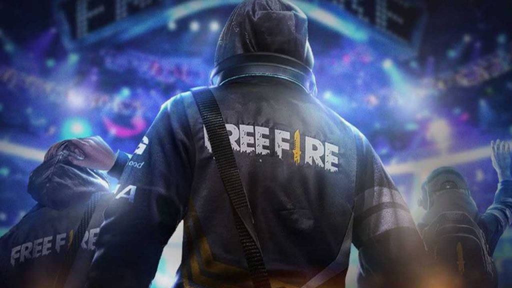 Free Fire 嘻哈 桌布 壁紙 — 一名穿著Free Fire連帽衫的玩家背面，站在充滿活力的霓虹燈競技場中，周圍有閃爍的燈光和歡呼的人群。