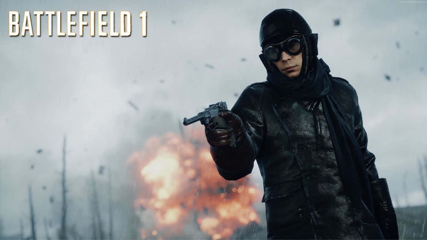 1366x768 Battlefield 1 桌布 壁紙 — 一名穿著一戰裝備的士兵，在熾熱爆炸和墜落碎片的背景下手持手槍。