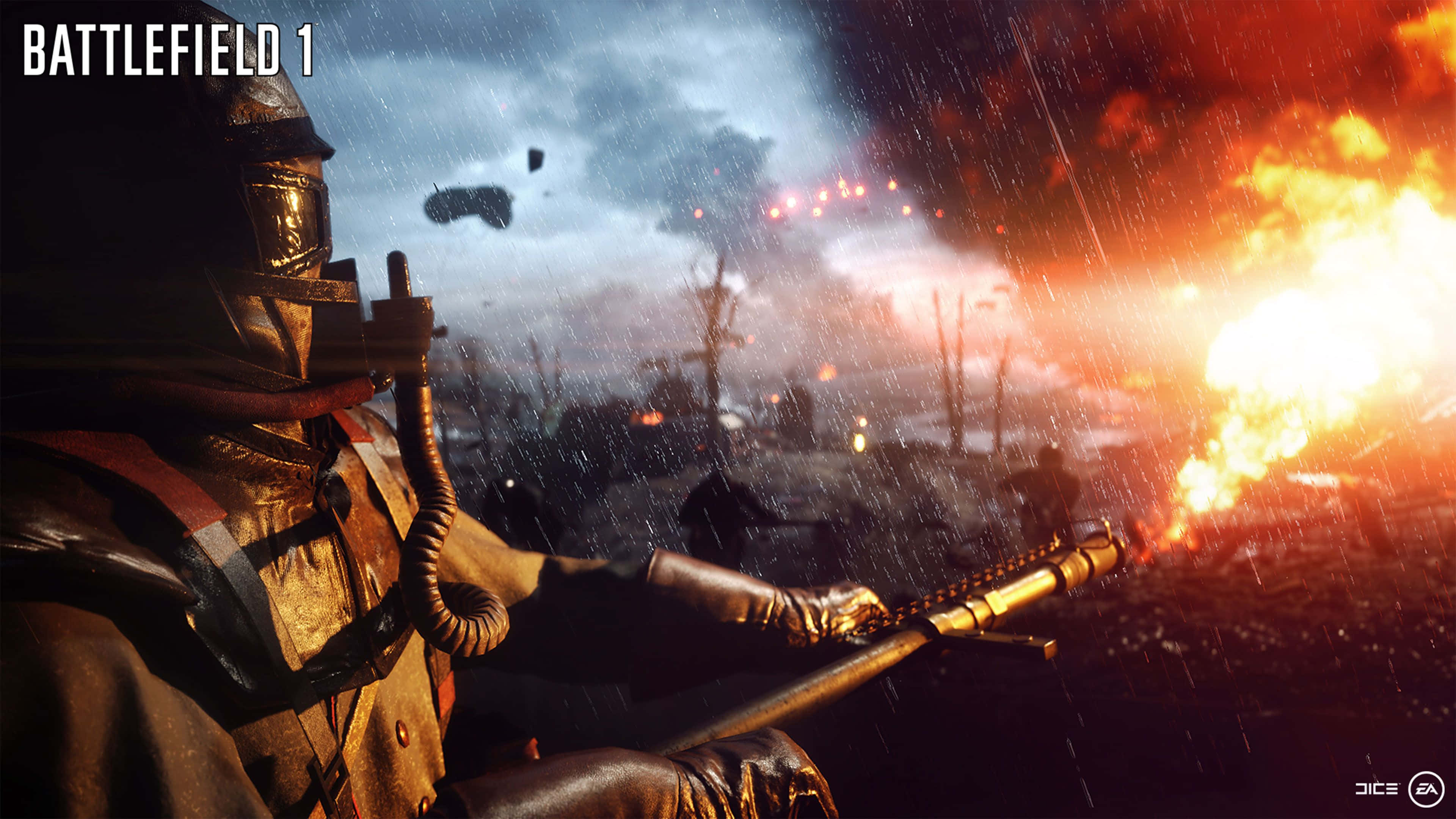4K Battlefield 桌布 壁紙 — 一名穿著一戰裝備的士兵在雨中及爆炸中於飽受戰爭蹂躪的戰場上開槍射擊。