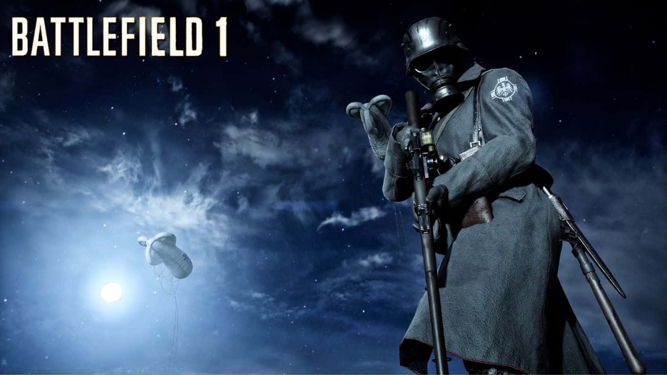 1366x768 Battlefield 1 桌布 壁紙 — 一名穿著一戰裝備的士兵站在星空下，一個攔阻氣球在明亮的月亮附近飄移。