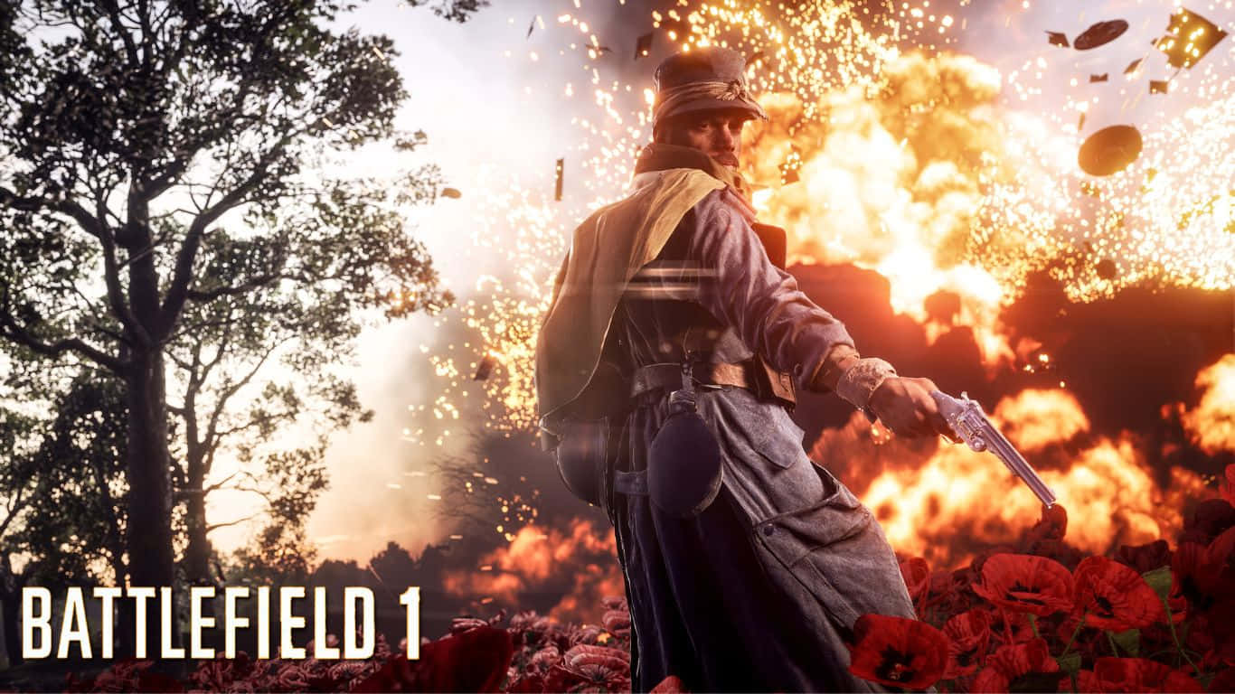 1366x768 Battlefield 1 桌布 壁紙 — 一名穿著一戰軍服的士兵站在爆炸的戰場中，周圍有紅色罌粟花和墜落的碎片，天空如火般燃燒。