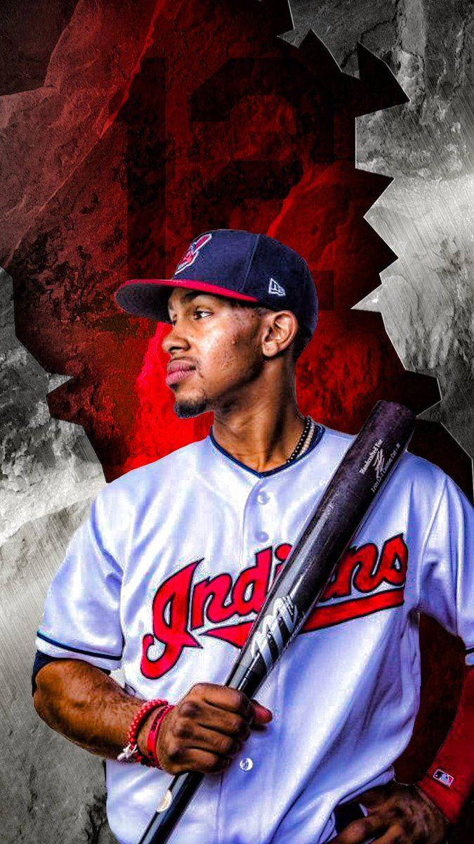Lindor 桌布 壁紙 — 一名穿著克里夫蘭印地安人隊球衣的棒球選手，在裂紋紅灰背景前握著球棒。