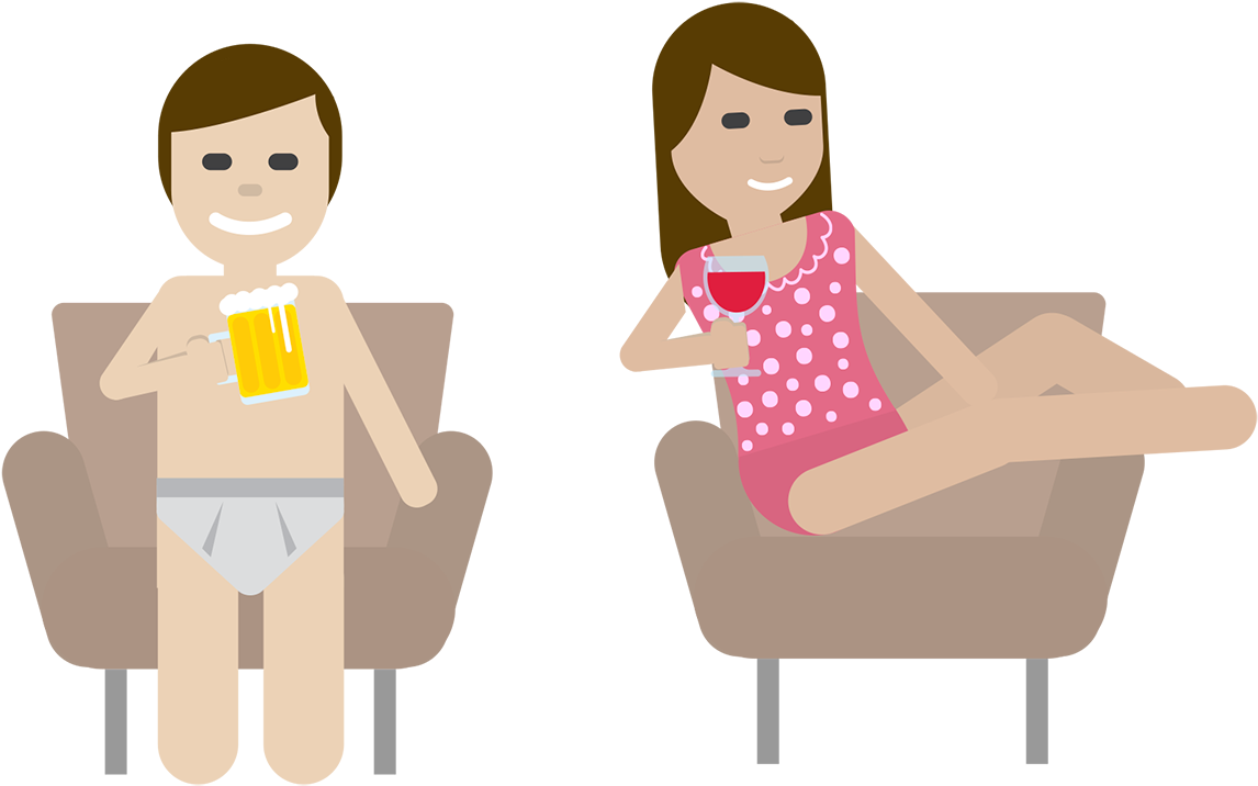 Drunk 桌布 壁紙 — 一名穿著內衣的男子和一名穿著粉紅色圓點泳衣的女子坐在扶手椅上放鬆，手持啤酒和葡萄酒。