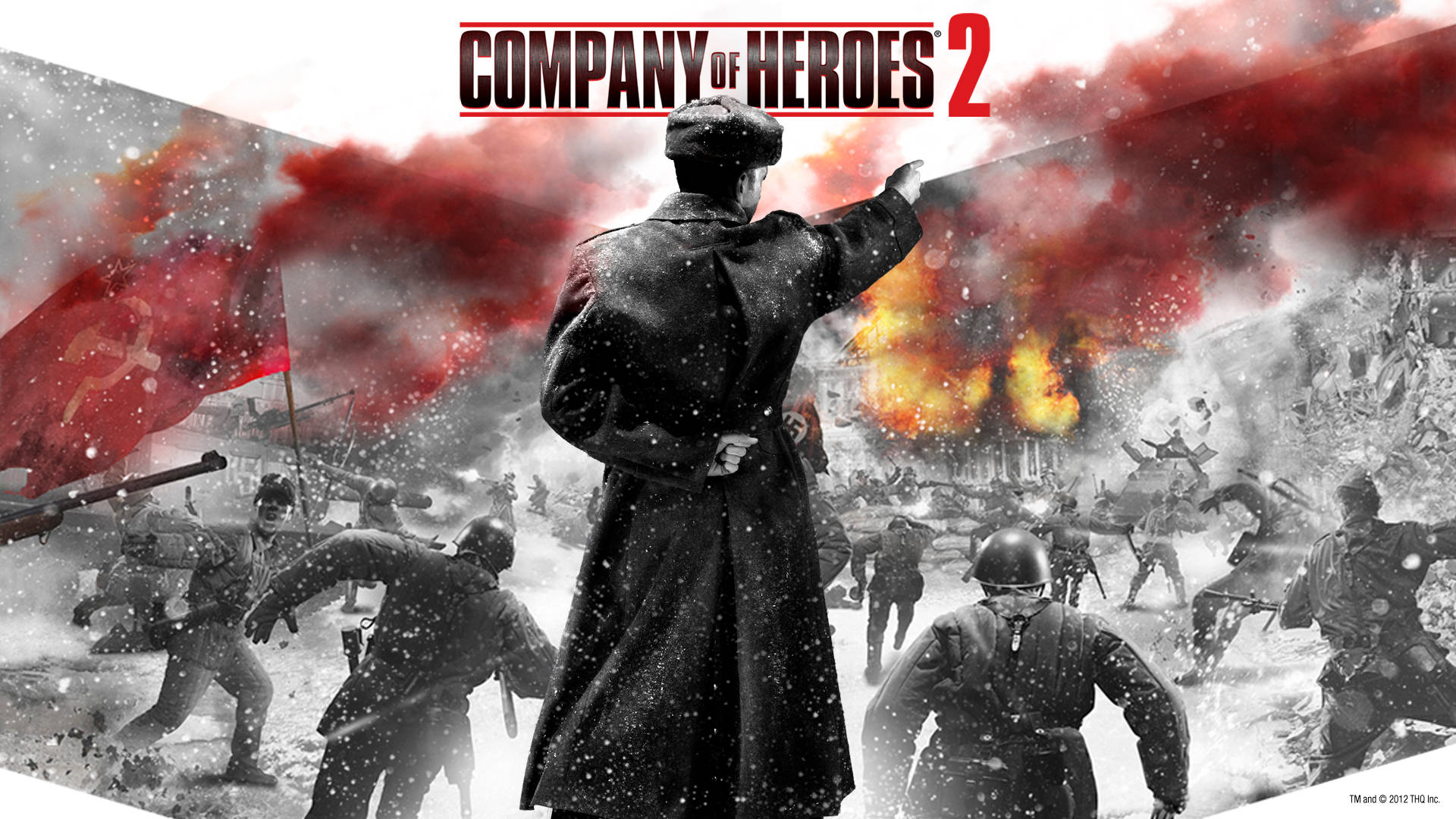 heroes 桌布 壁紙 — 一名穿著冬季外套的士兵向前指，部隊在爆炸和紅旗的雪地戰場上前進。