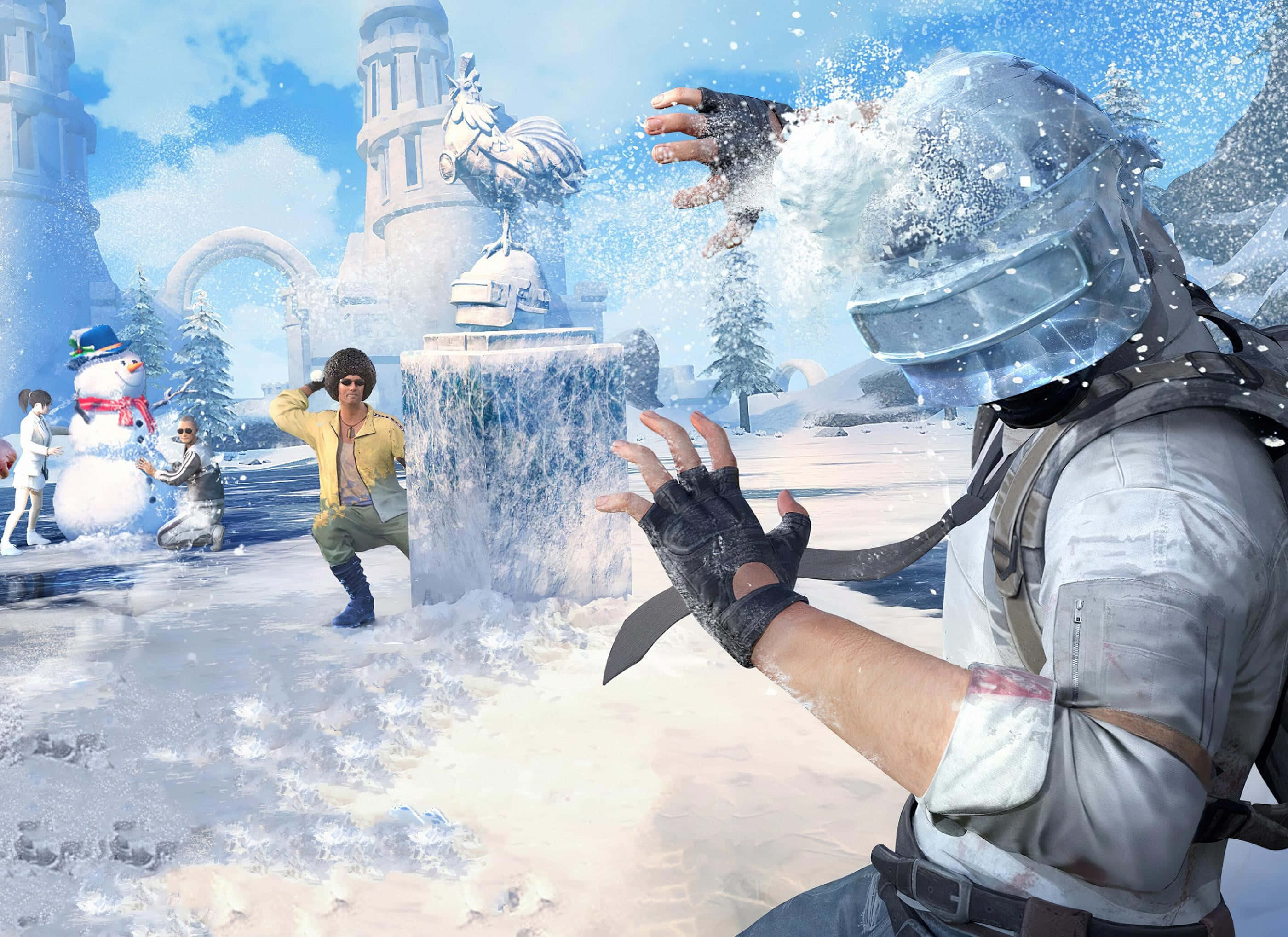 Snowball Fight 桌布 壁紙 — 一名穿著冬季裝備的士兵在一個白雪皚皚的幻想小鎮中，向一個結冰的噴泉附近的人群扔雪。