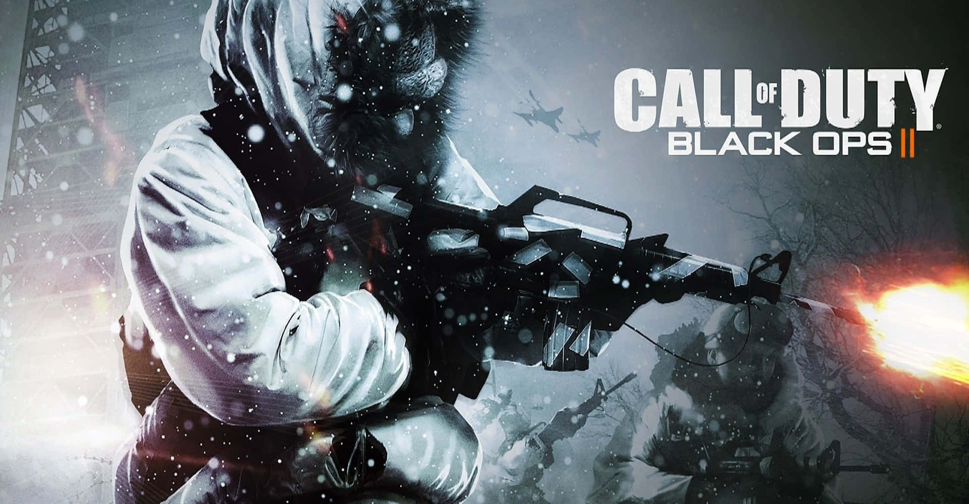Black Ops 3 桌布 壁紙 — 一名穿著冬季裝備的士兵在灰色天空下的雪地戰場上開槍，槍口閃現火光。