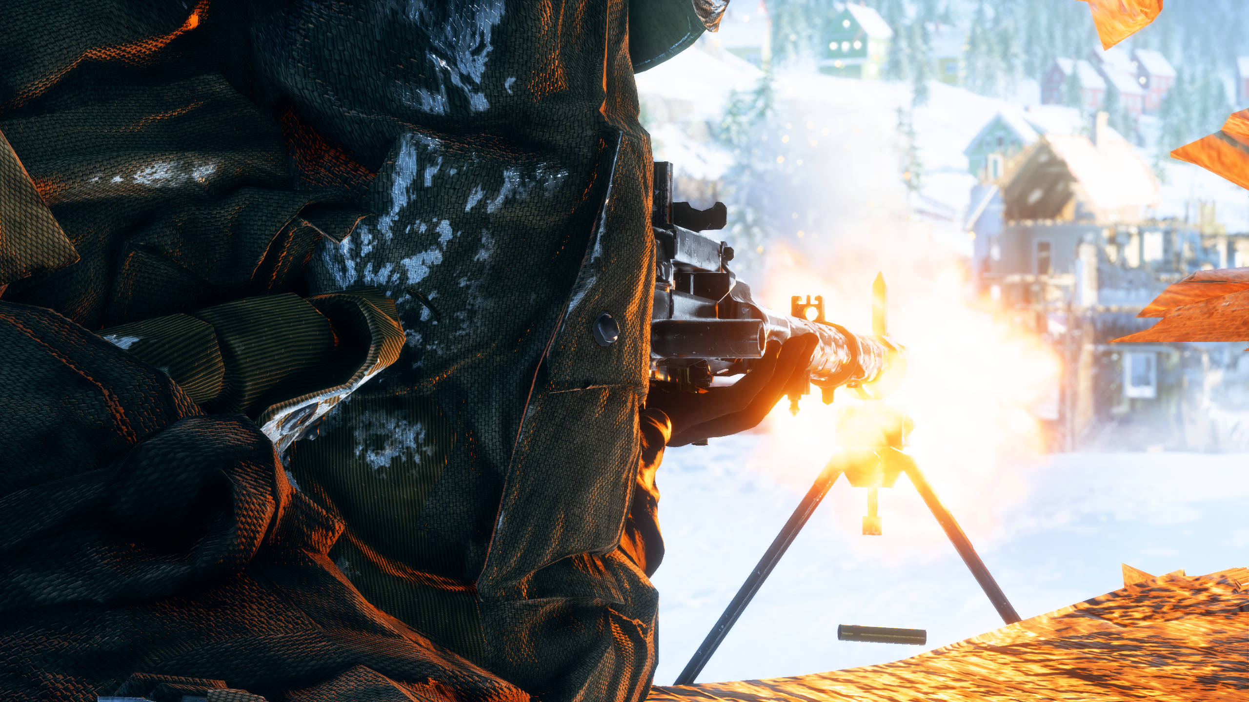 Battlefield 5 桌布 壁紙 — 一名穿著冬季裝備的士兵在積雪的屋頂上發射機槍，背景是一個村莊。