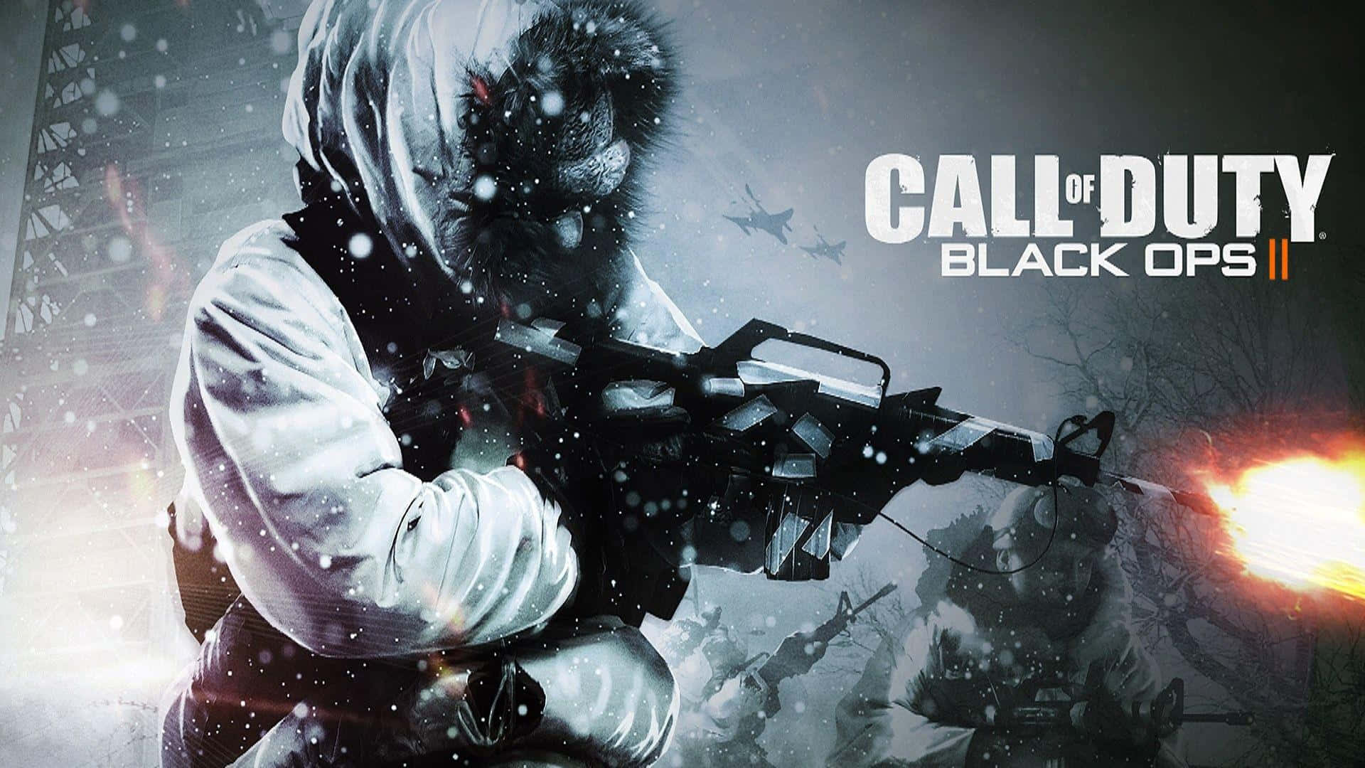 Call Of Duty Black Ops Cold War 桌布 壁紙 — 一名穿著冬季裝備的士兵在飄雪中開槍射擊，背景有爆炸和飛機。