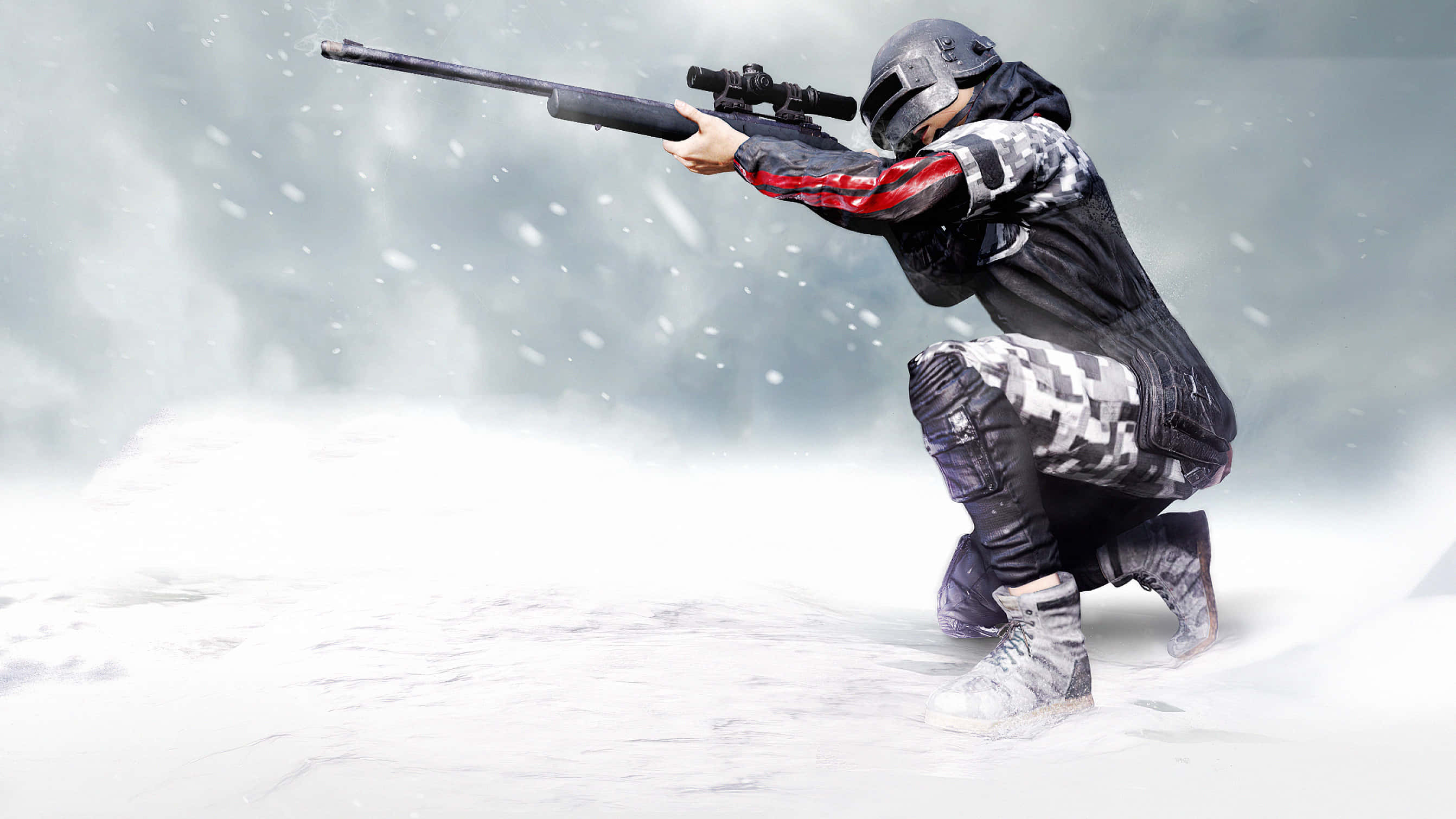 Pubg Guns 桌布 壁紙 — 一名穿著冬季裝備的士兵蹲下，在暴風雪中穿過飄落的雪花瞄準狙擊步槍。