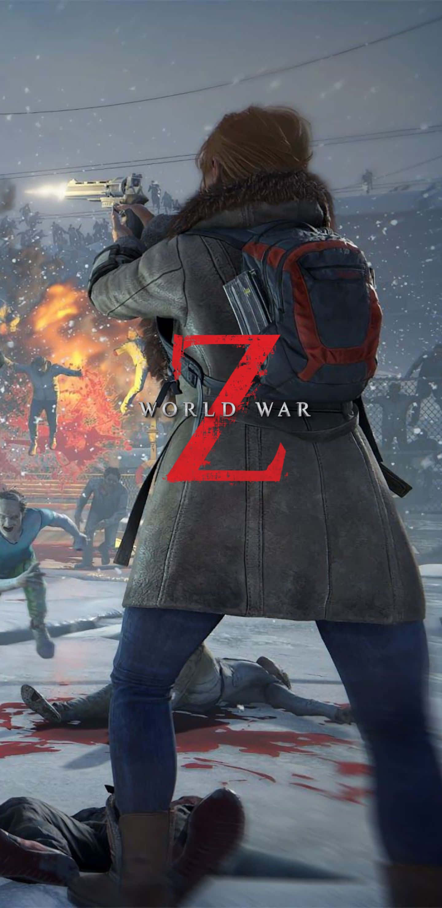 Pixel 3xl World War Z 桌布 壁紙 — 一名穿著冬季裝備的女性在積雪的城市街道上向殭屍開槍，現場有爆炸和血跡。