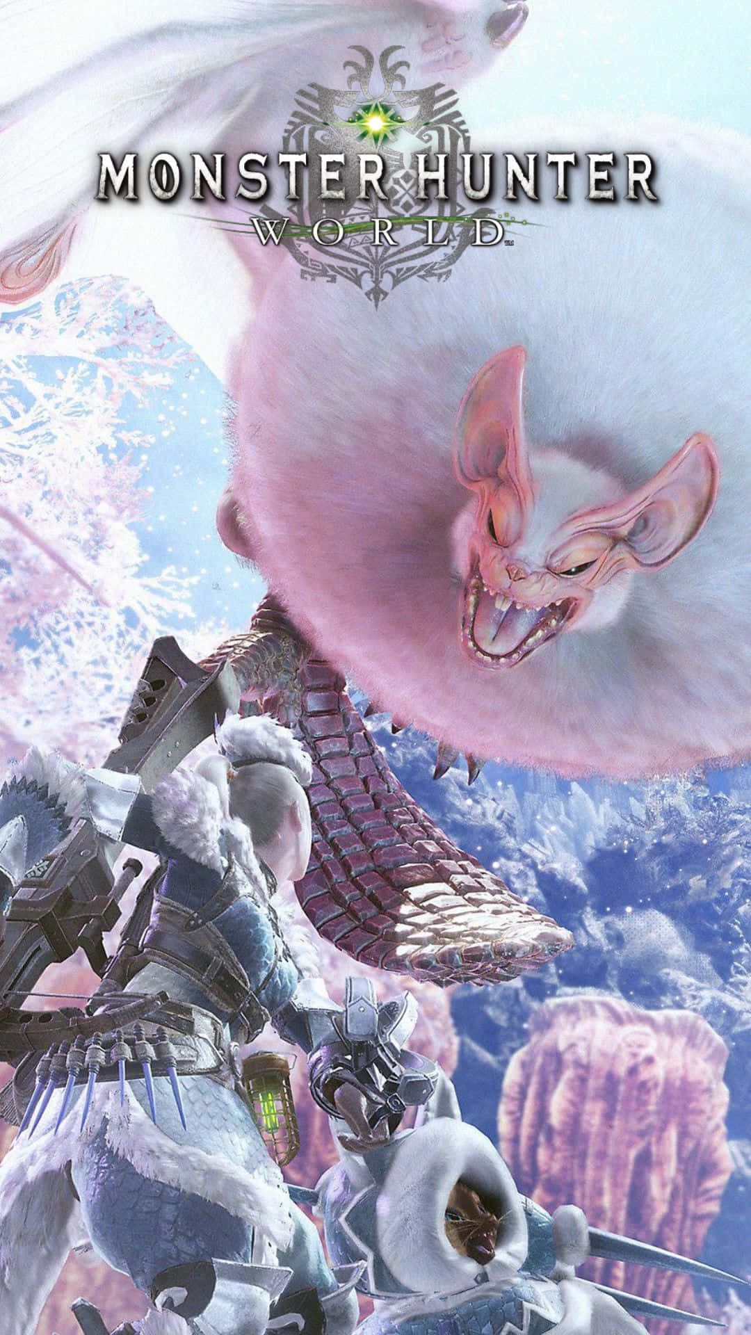 Android Monster Hunter World 桌布 壁紙 — 一名穿著冬季裝備的獵人，在白雪皚皚的山脈背景下，面對一隻擁有鋒利牙齒的巨大粉紅色毛茸茸怪物。
