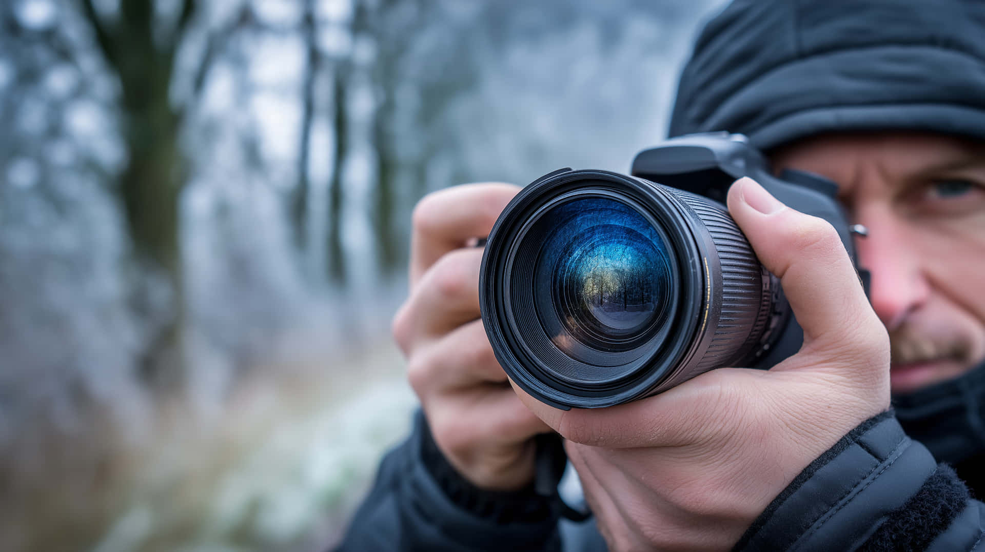 Photographer with DSLR Camera in Winter Landscape Portrait 壁紙 — 一名穿著冬季裝備的男子手持配備大鏡頭的DSLR相機，拍攝雪覆蓋的森林場景。