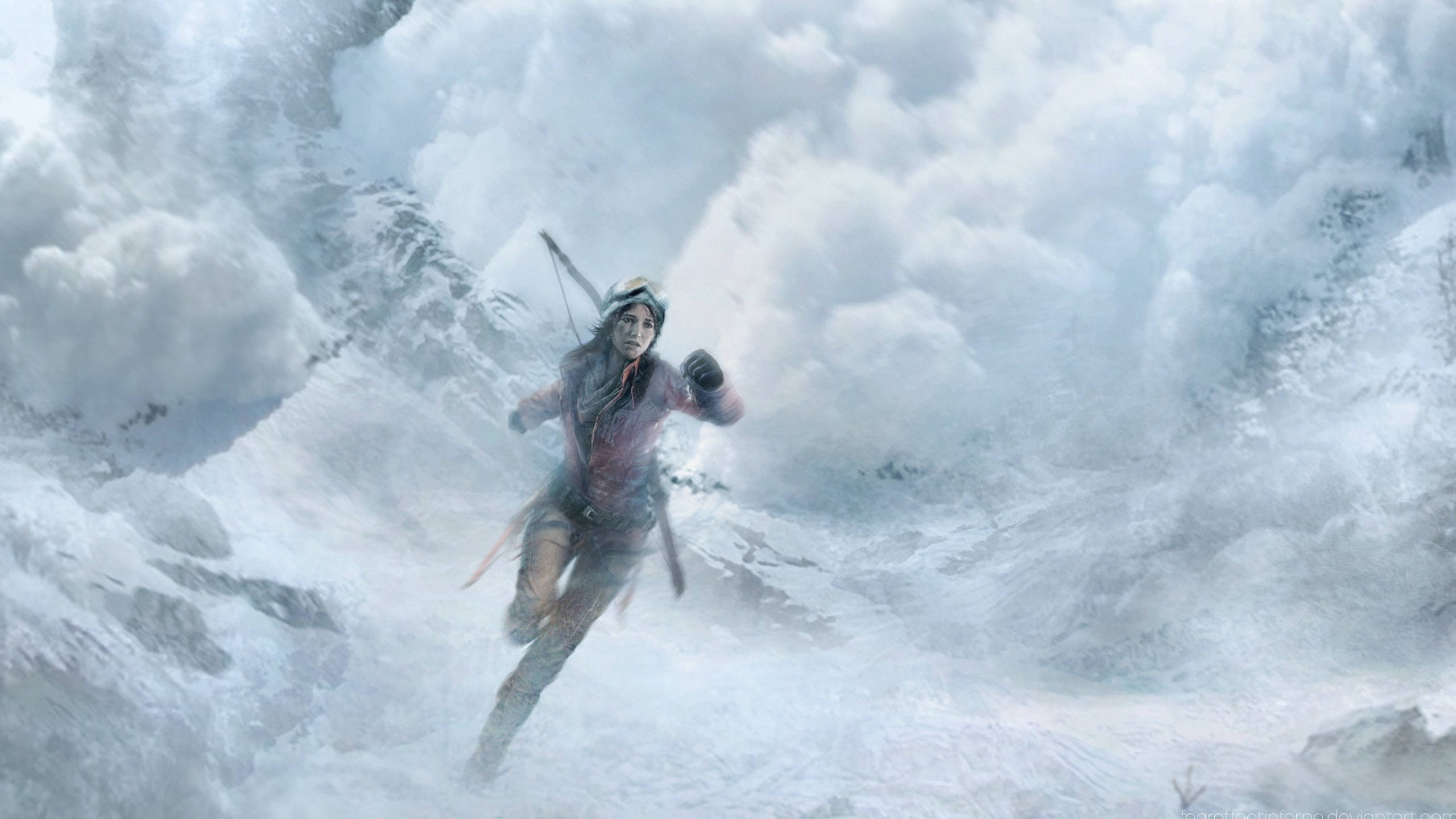 Running 桌布 壁紙 — 一名穿著冬季裝備的登山者在旋轉的暴風雪和冰崖中攀登積雪的山峰。