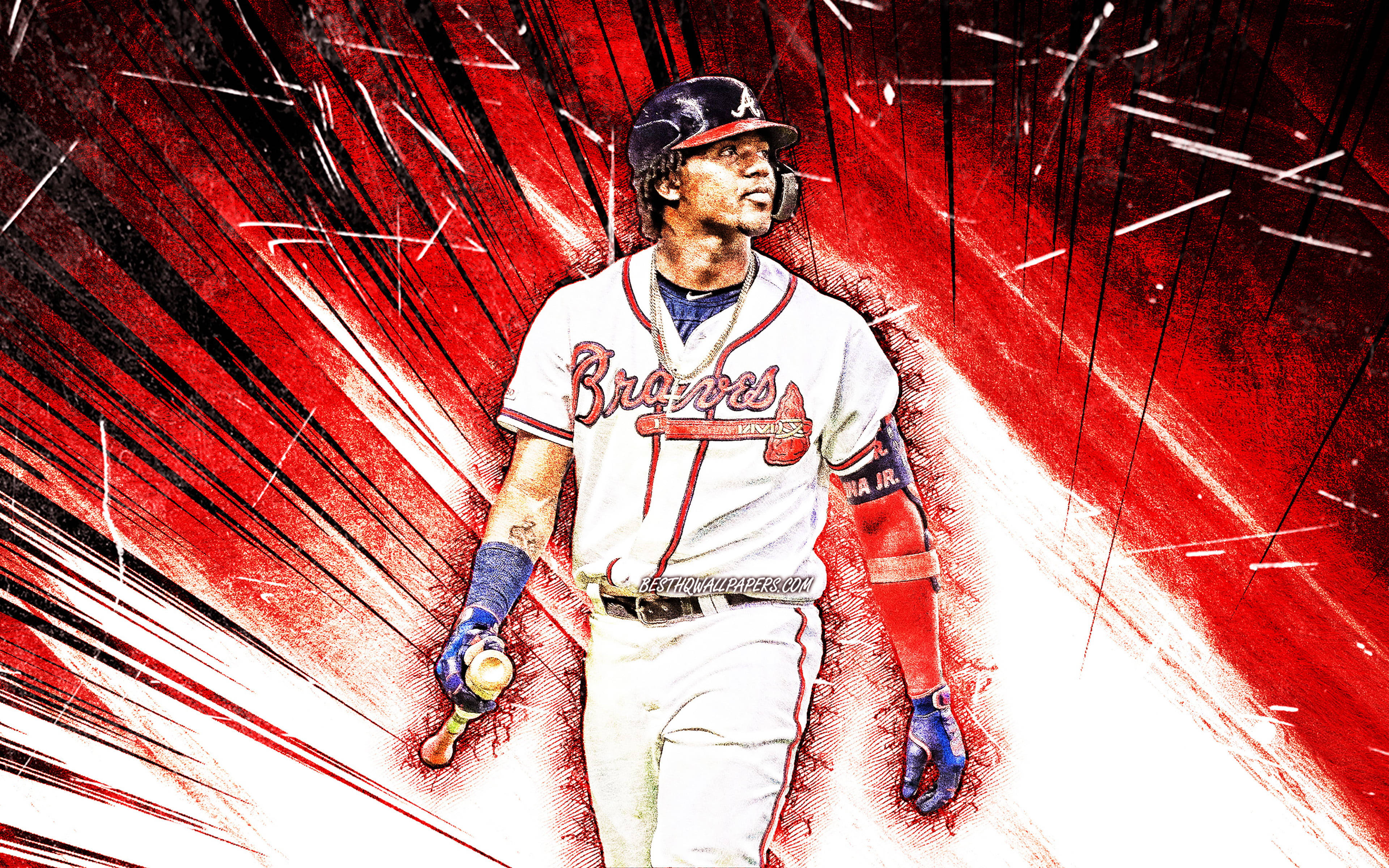 Acuna 桌布 壁紙 — 一名穿著勇士隊球衣的棒球選手自信地站在動態紅白條紋背景前。