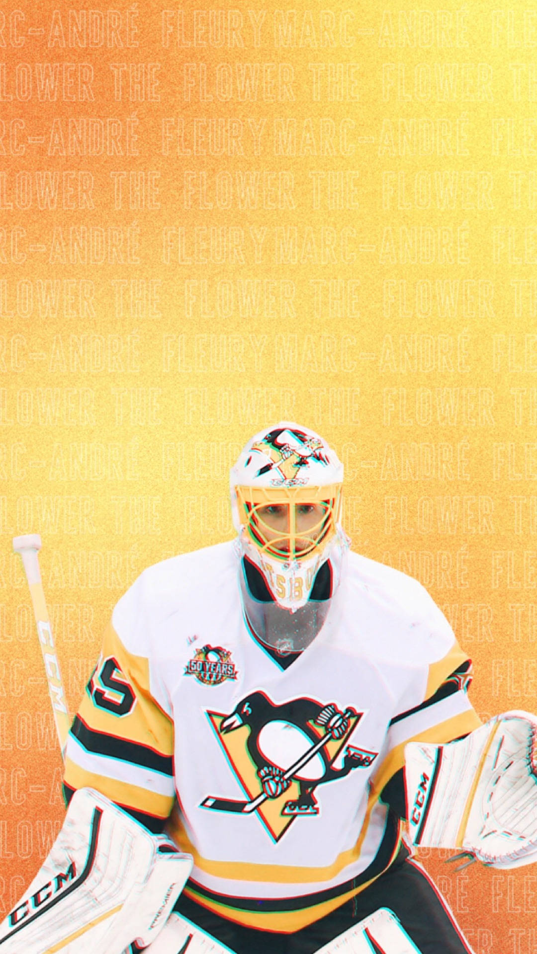 hockey 桌布 壁紙 — 一名穿著匹茲堡企鵝隊球衣的冰球守門員，在充滿活力的黃色漸變背景上，帶有重複文字，準備就緒。