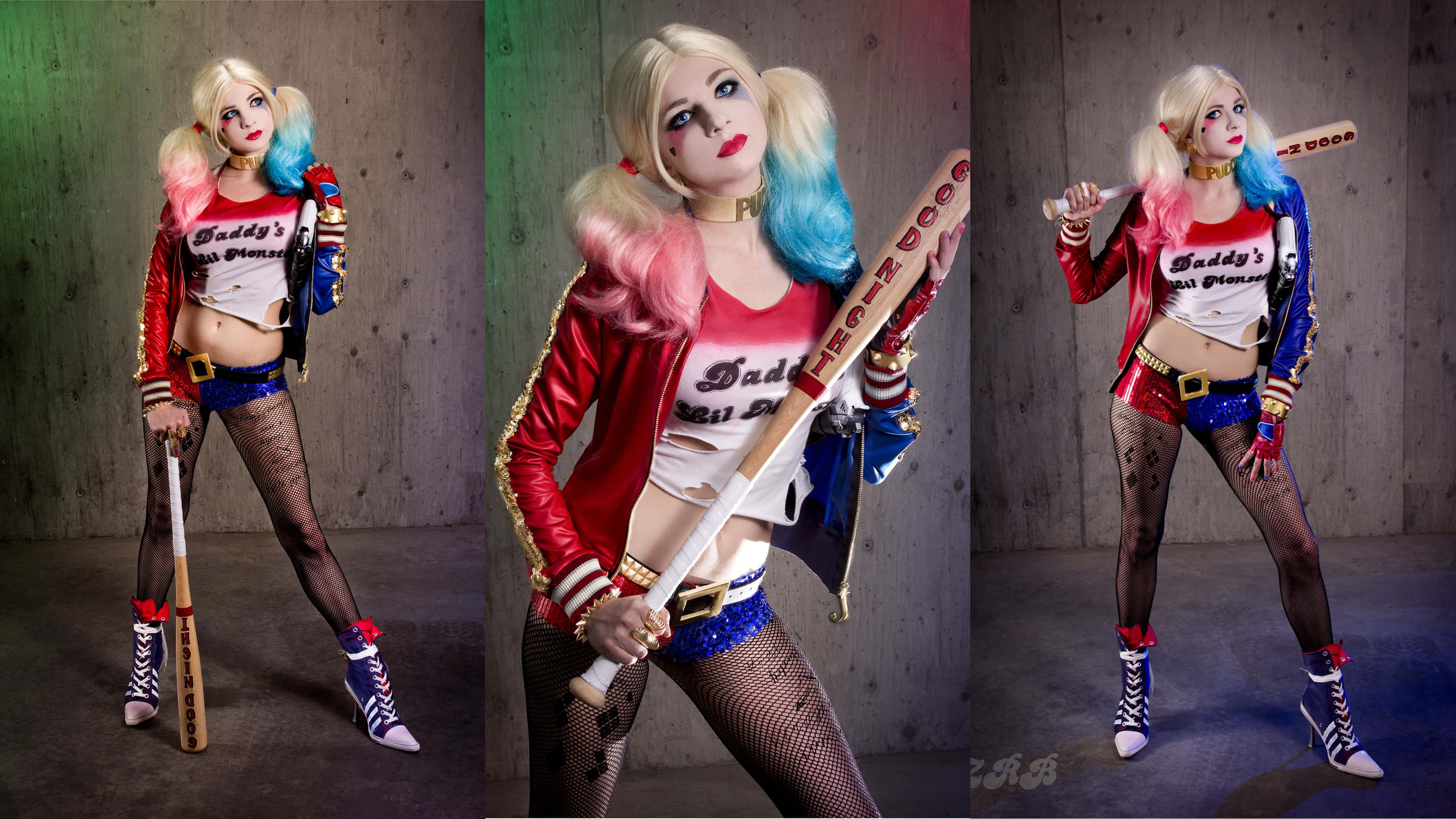 Harley Quinn Cosplay 桌布 壁紙 — 一名穿著哈莉·奎茵服裝的女性，手持棒球棍，在紋理混凝土牆前擺姿勢。