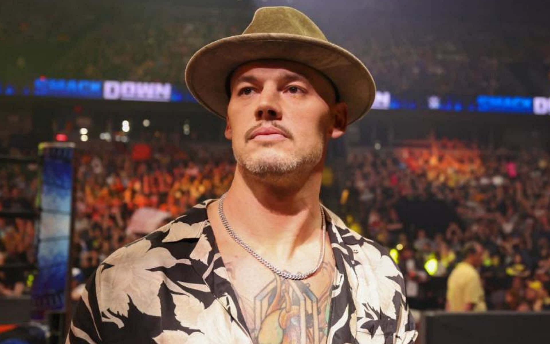 WWE 桌布 壁紙 — 一名穿著圖案襯衫和帽子的摔角手自信地站在燈光明亮的競技場中，身後是歡呼的人群。