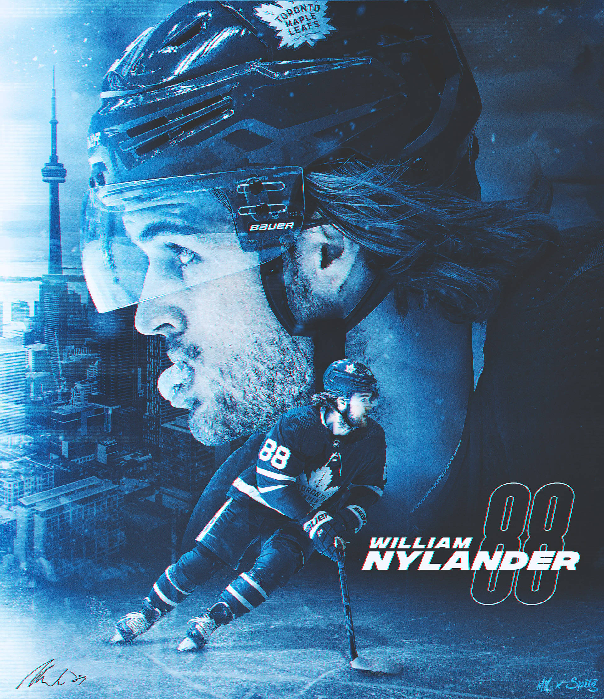 hockey 桌布 壁紙 — 一名穿著多倫多楓葉隊頭盔和球衣的冰球運動員，在藍色調的城市天際線（包括CN塔）前動態滑冰。