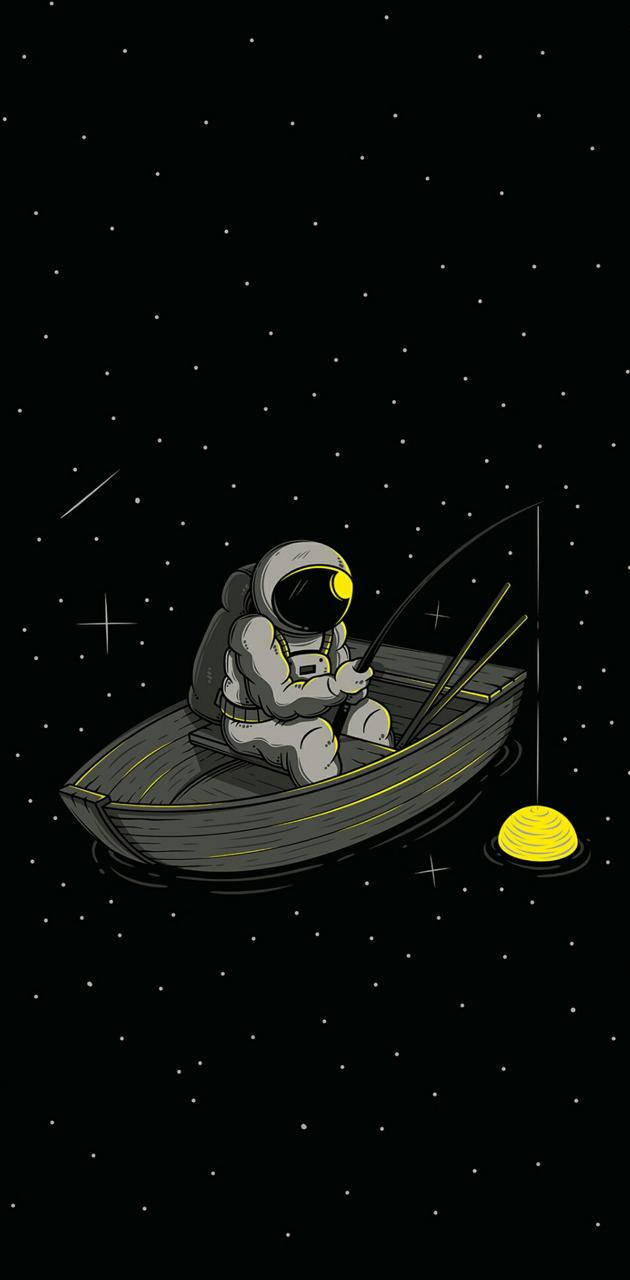 太空人在星空中用發光魚餌在船上釣魚。 — 太空人 壁紙