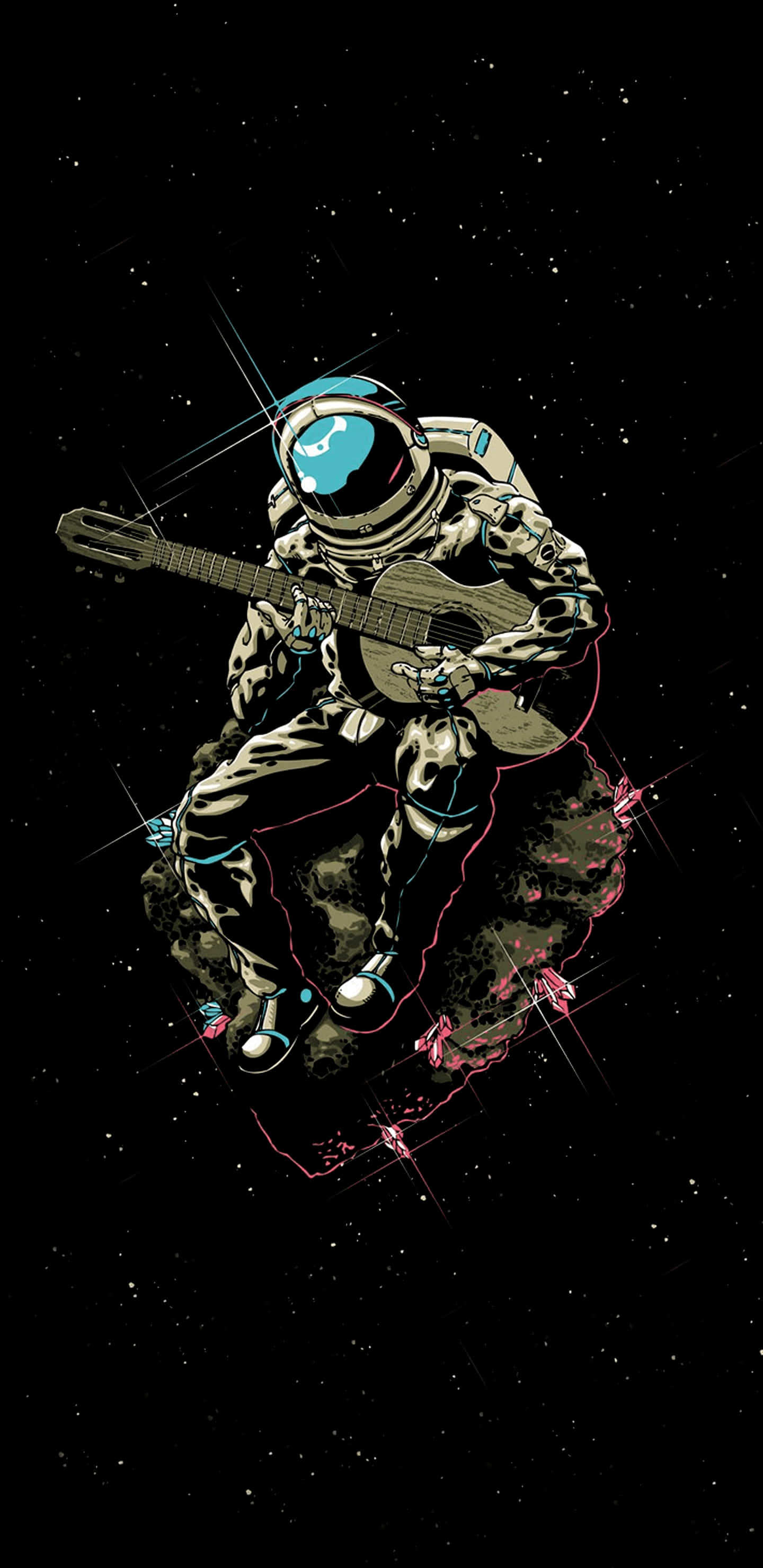 guitar player 桌布 壁紙 — 一名穿著太空衣的太空人在小行星上漂浮彈吉他，背景是佈滿星星的黑色虛空。