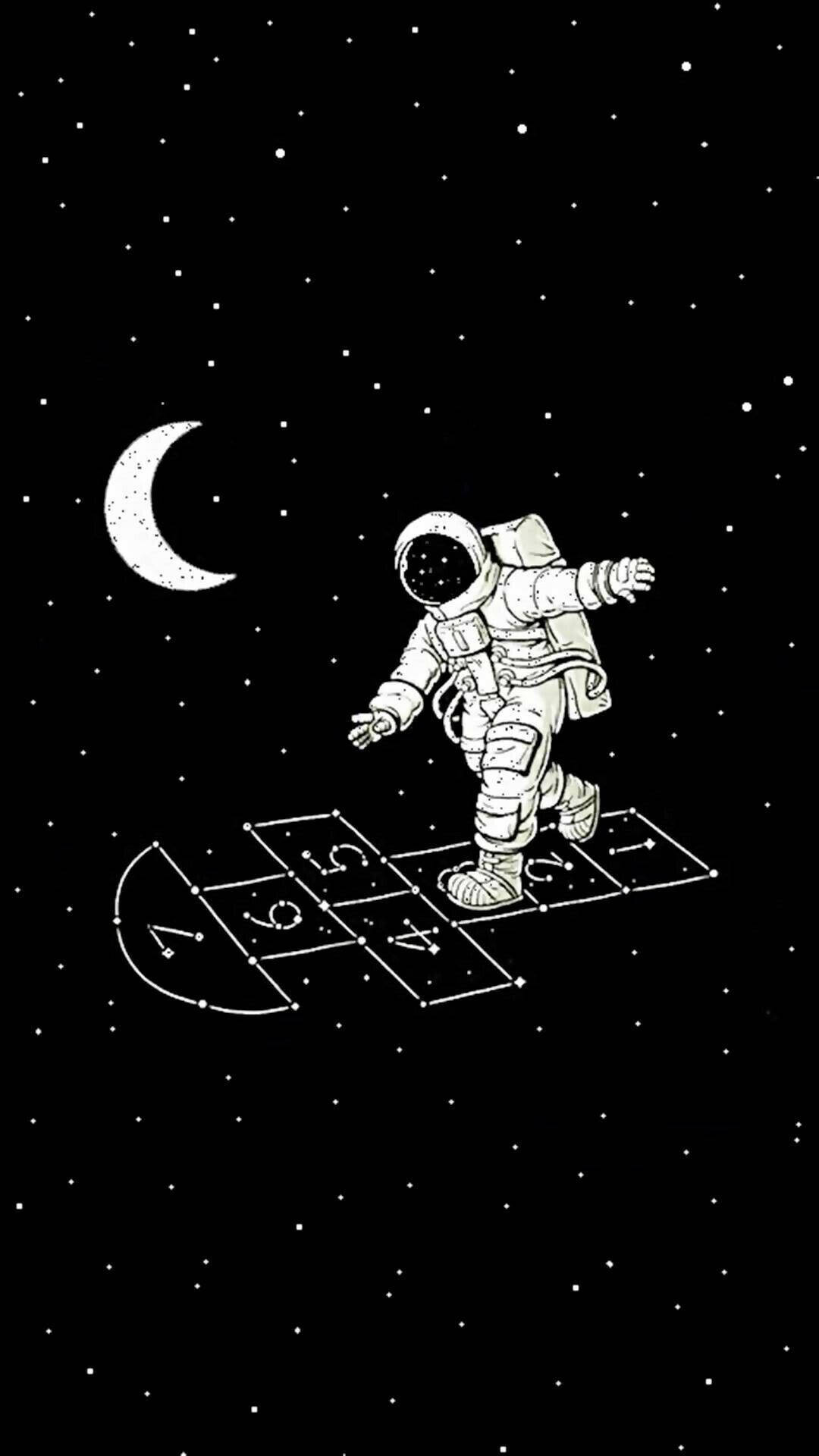 太空美學動圖 桌布 壁紙 — 一名穿著太空衣的太空人在新月下的太空中的格子上玩跳房子。