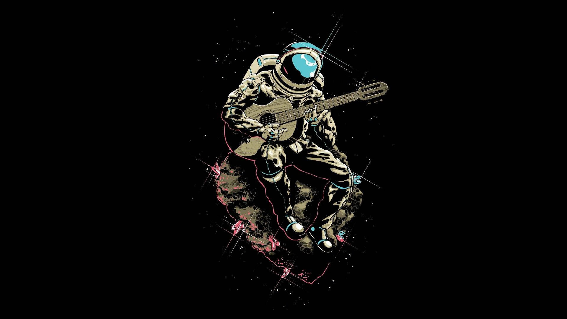 astronaut aesthetic 桌布 壁紙 — 一名穿著太空衣的太空人坐在漂浮的小行星上，在繁星點點的黑色虛空中彈奏吉他。
