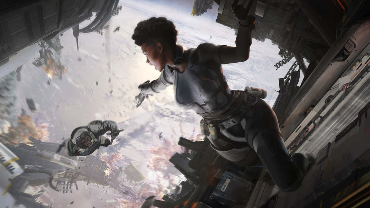 720p Apex Legends 桌布 壁紙 — 一名穿著太空衣的女太空人在零重力下漂浮，身處充滿爆炸和碎片的混亂戰鬥場景中。