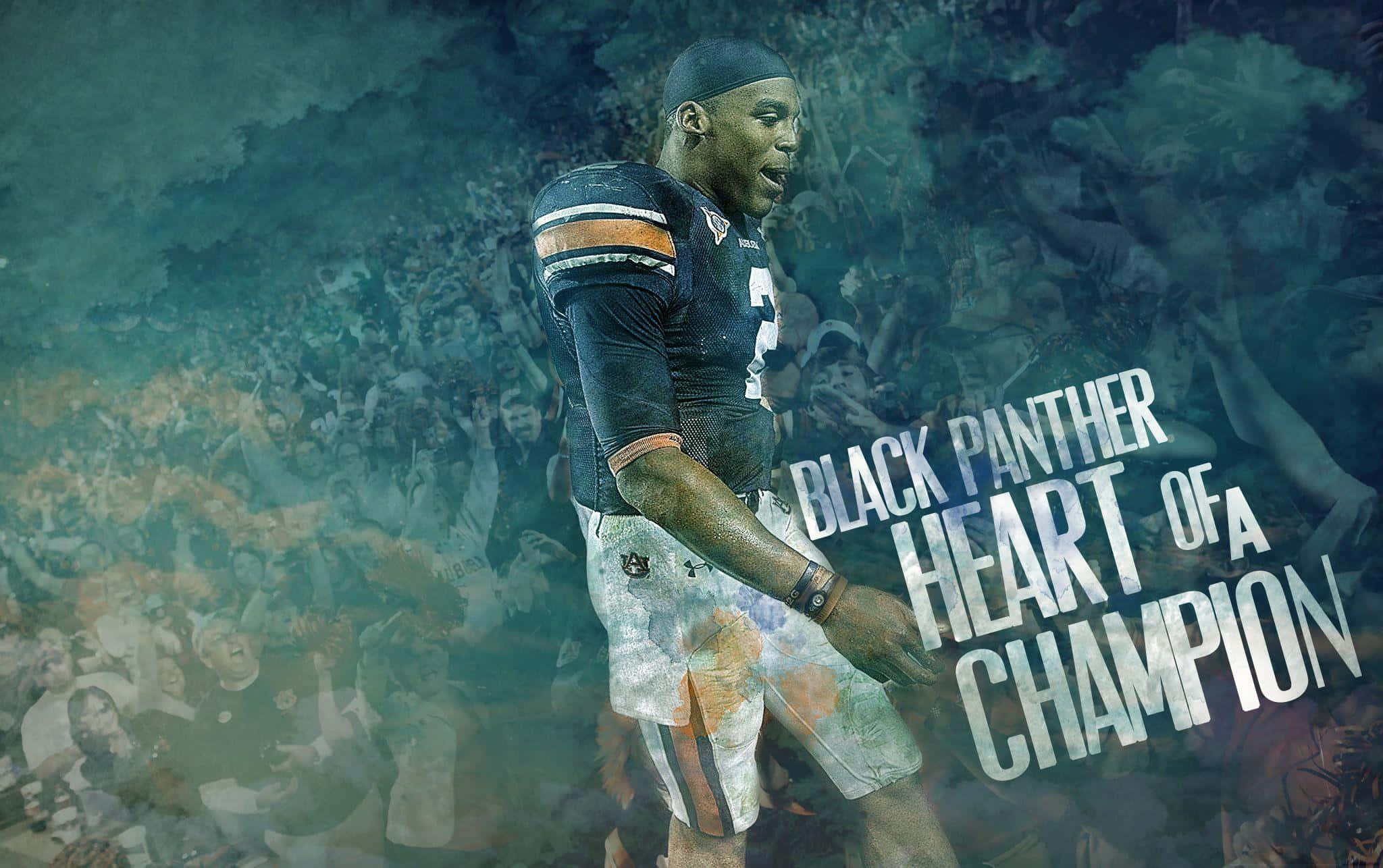 Cam Newton 桌布 壁紙 — 一名穿著奧本裝備的足球運動員自信地穿過人群，帶有 'Black Panther Heart of a Champion' 文字疊加。
