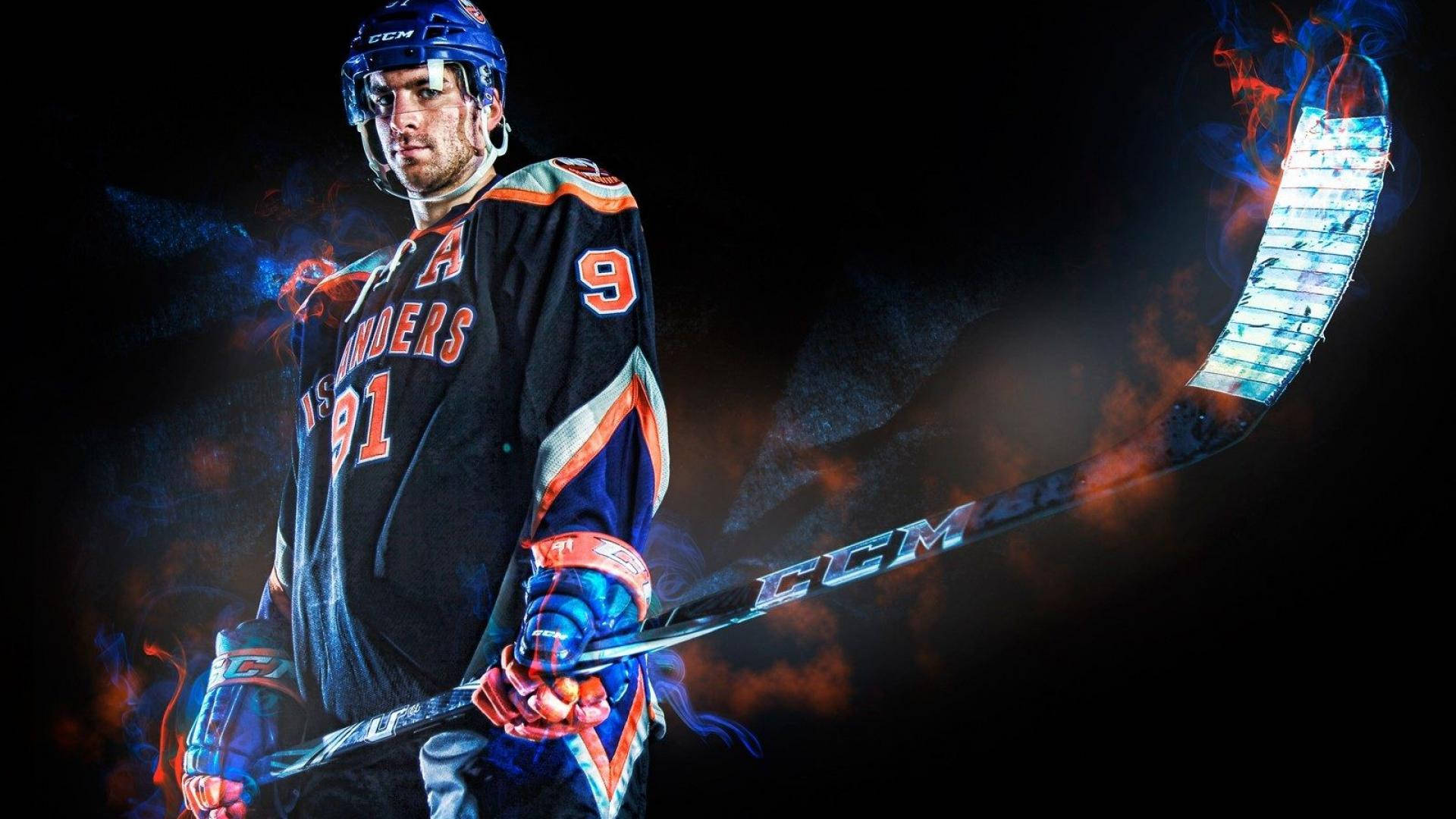 New York Islanders 桌布 壁紙 — 一名穿著島民隊裝備的曲棍球運動員，在黑暗火熱的背景中手持發光的球桿。