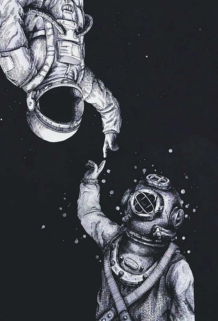 外太空 桌布 壁紙 — 一名穿著復古裝備的潛水員伸手觸摸在星空中漂浮的太空人。