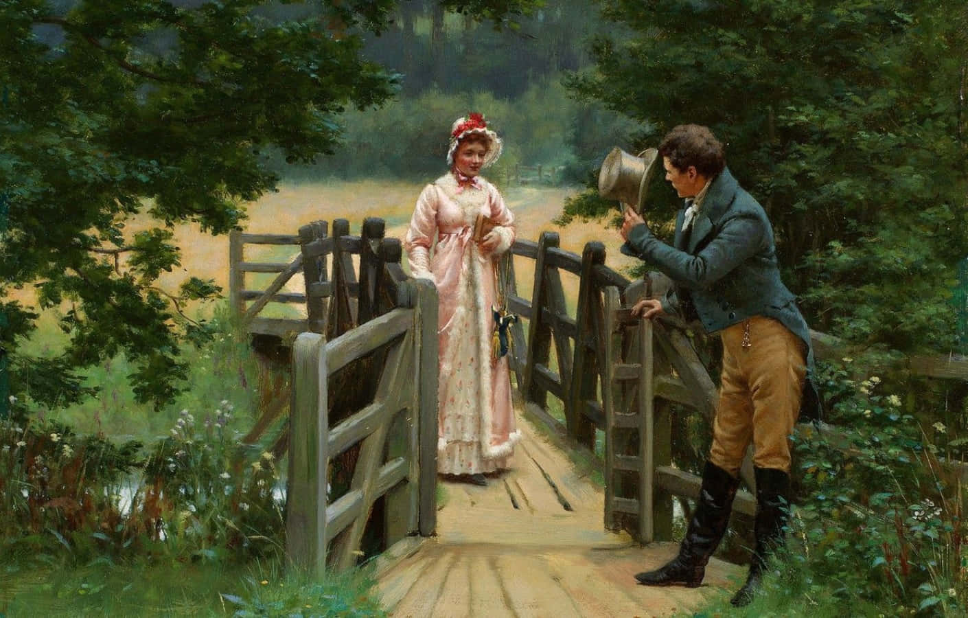 Romanticism 桌布 壁紙 — 一名穿著時代服裝的男子向站在木橋上、被茂密綠植環繞的粉裙女子脫帽致意。