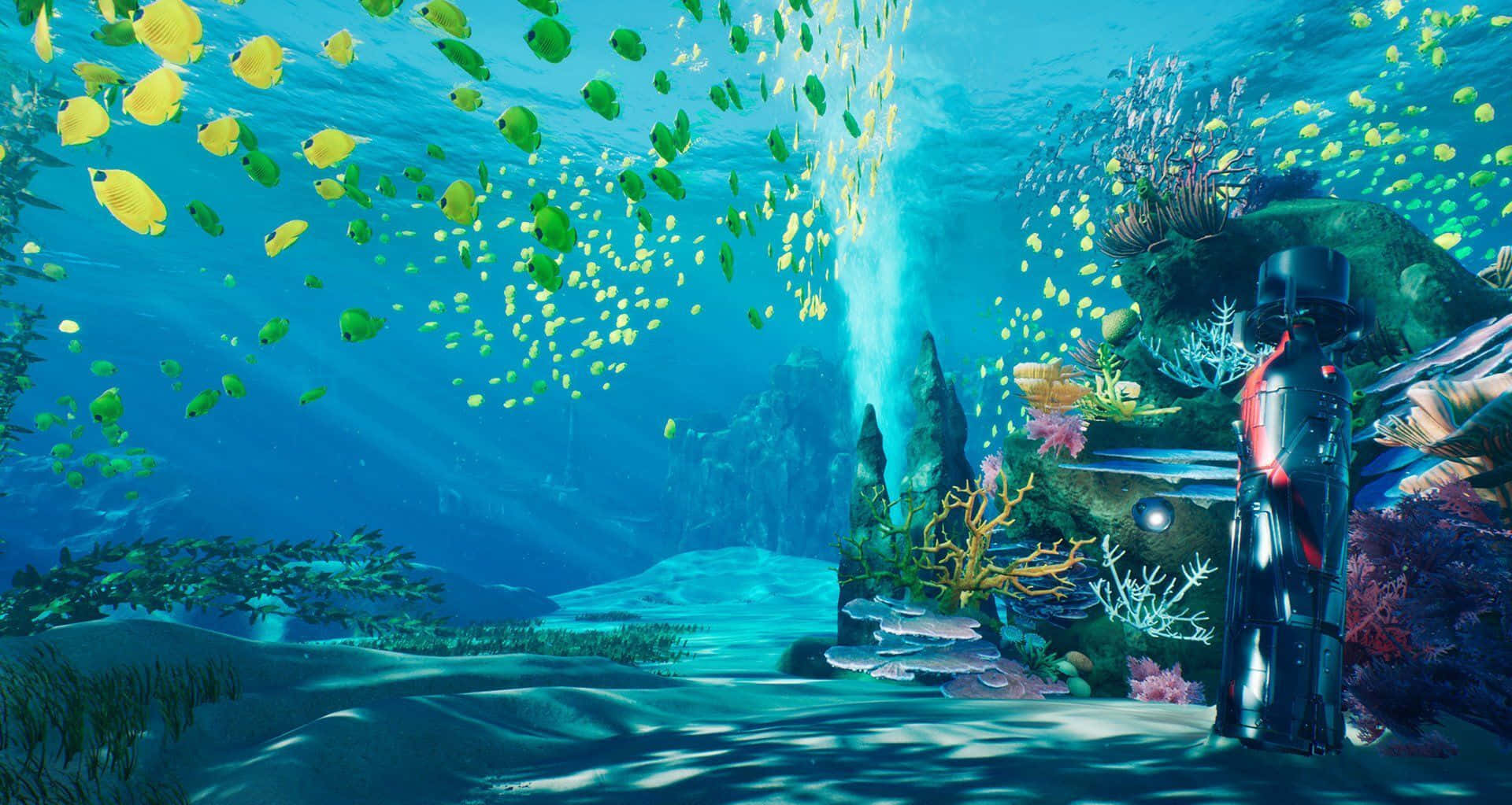 Aquatic 桌布 壁紙 — 一名穿著時尚裝備的潛水員在清澈的藍色海水下探索充滿黃色和綠色魚類的 vibrant 珊瑚礁。