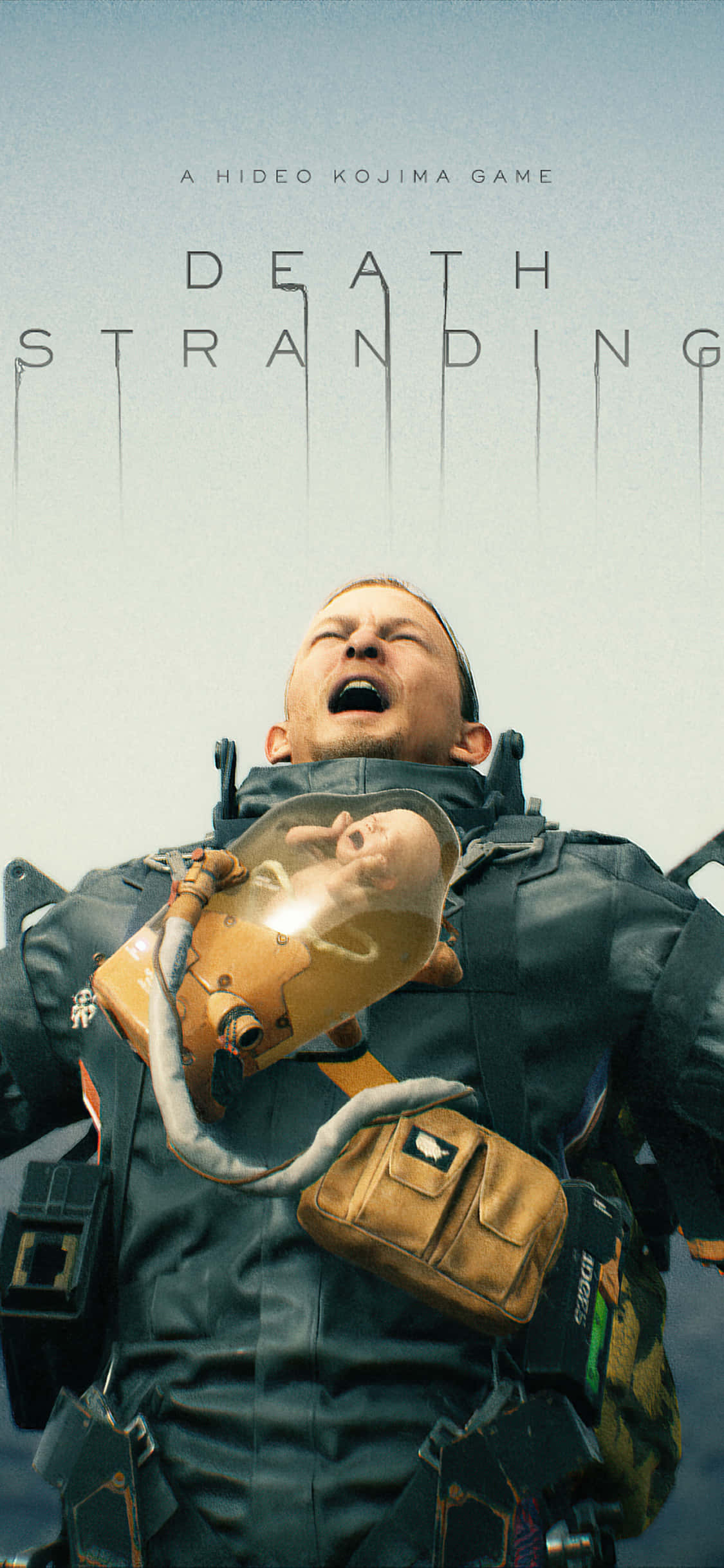 iPhone Xs Death Stranding 桌布 壁紙 — 一名穿著未來風格套裝的男子，在蒼白的天空下尖叫，同時抱著一個透明艙內的嬰兒。