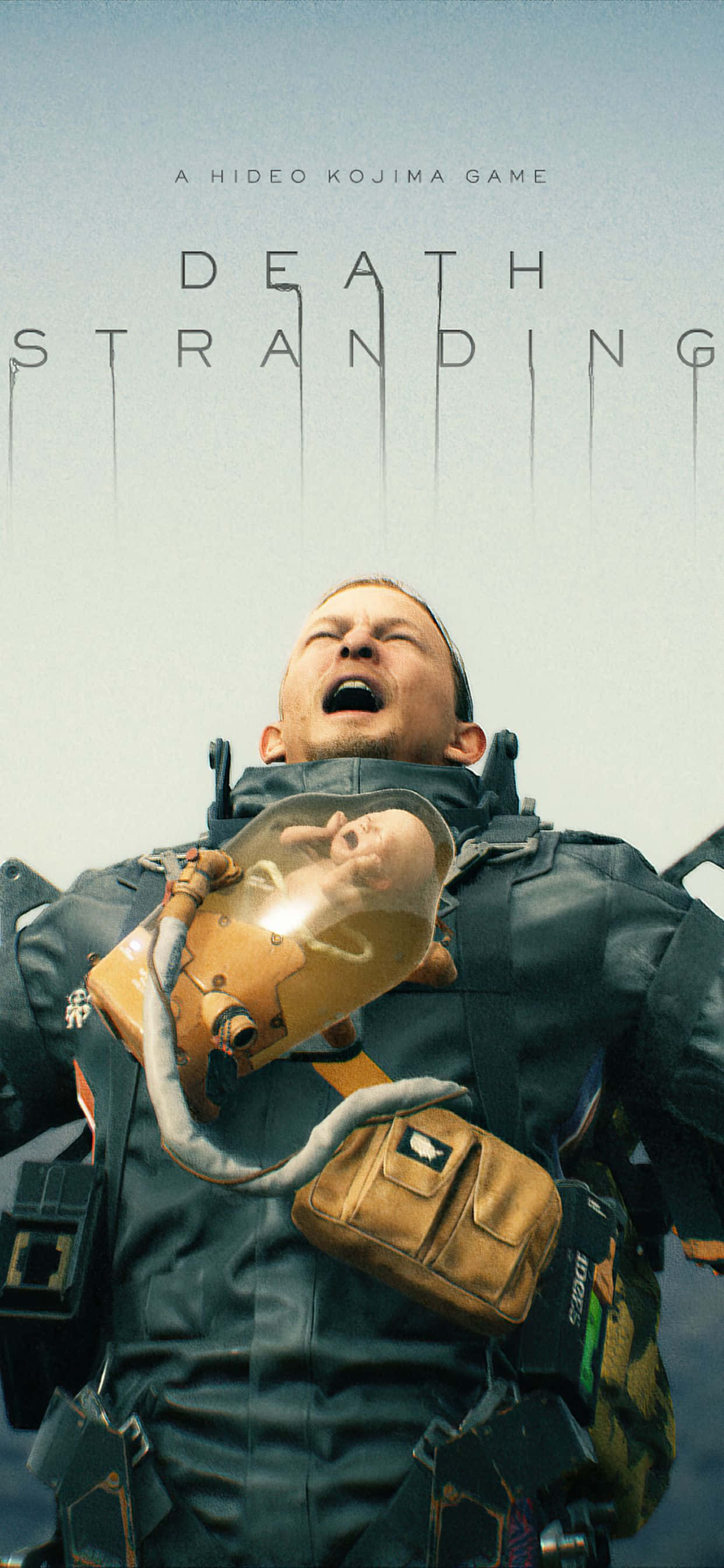 iPhone Xs Max Death Stranding 桌布 壁紙 — 一名穿著未來風格套裝的男子，抱著一個透明艙內的嬰兒，對著蒼白的天空尖叫。