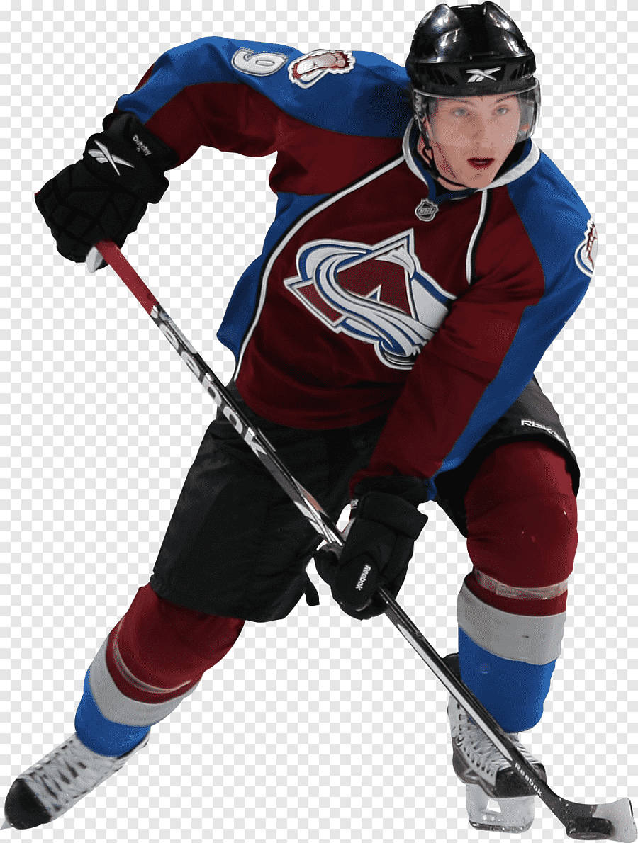 hockey 桌布 壁紙 — 一名穿著栗色藍色和黑色球衣的冰球運動員低蹲著，手持球桿準備滑行。