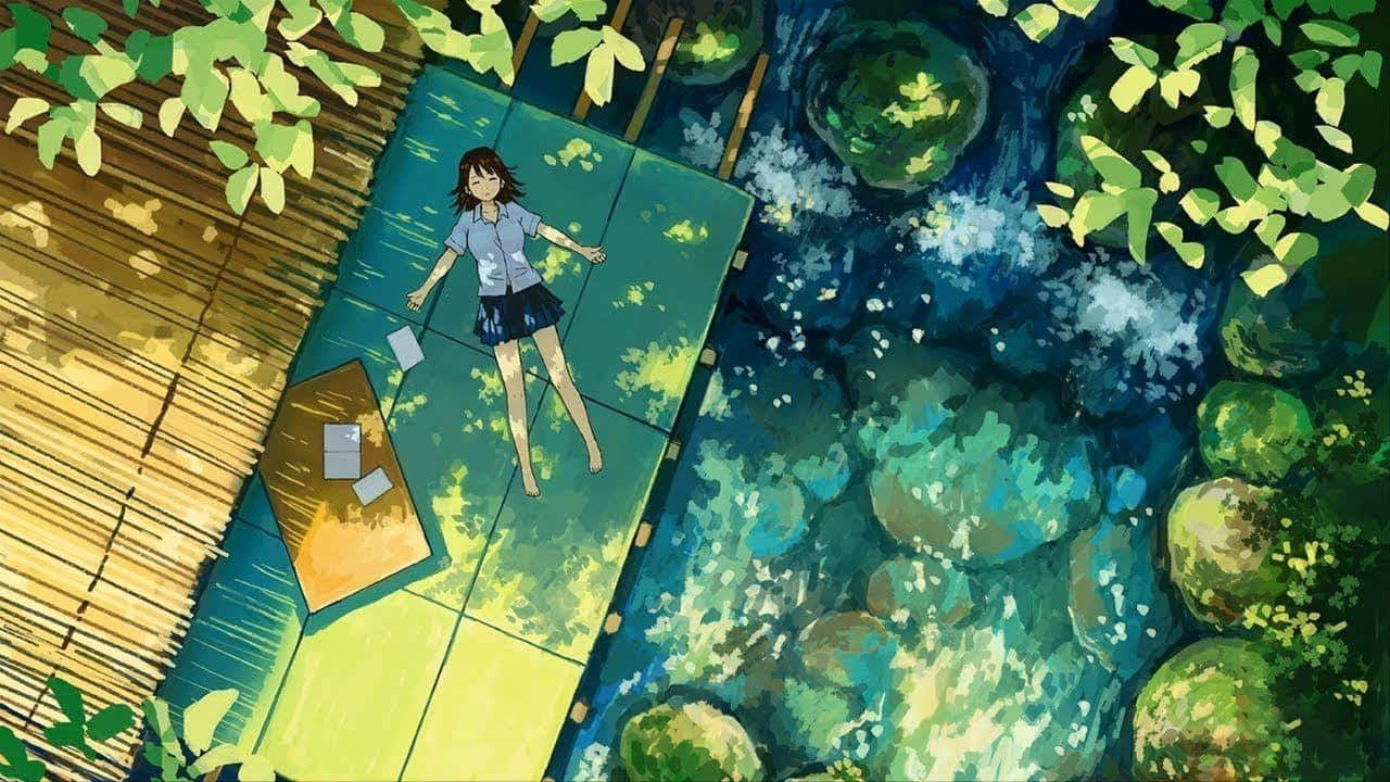 動漫藝術GIF 桌布 壁紙 — 一名穿著校服的女孩平靜地漂浮在木筏上，周圍是茂密的綠植和閃閃發光的藍色水面。