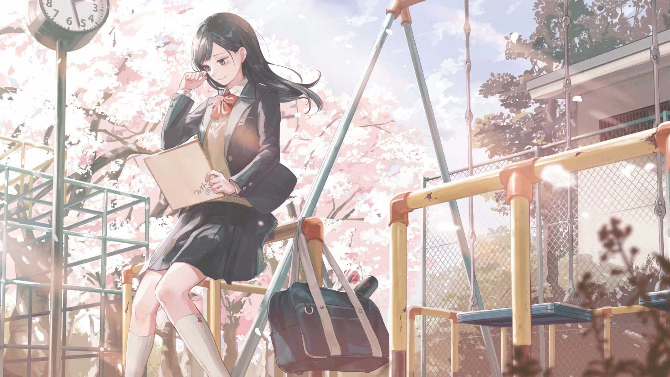 2160x1215 桌布 壁紙 — 一名穿著校服的女生坐在鞦韆上，背景是盛開的櫻花和鐘樓。