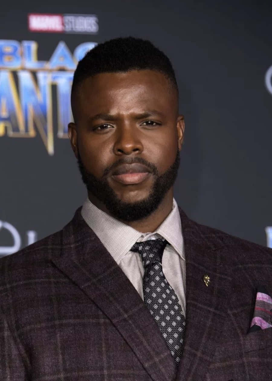 Winston Duke 桌布 壁紙 — 一名穿著格紋西裝和圖案領帶的男子在Marvel Studios活動中擺姿勢，身後有「黑豹」品牌標誌。