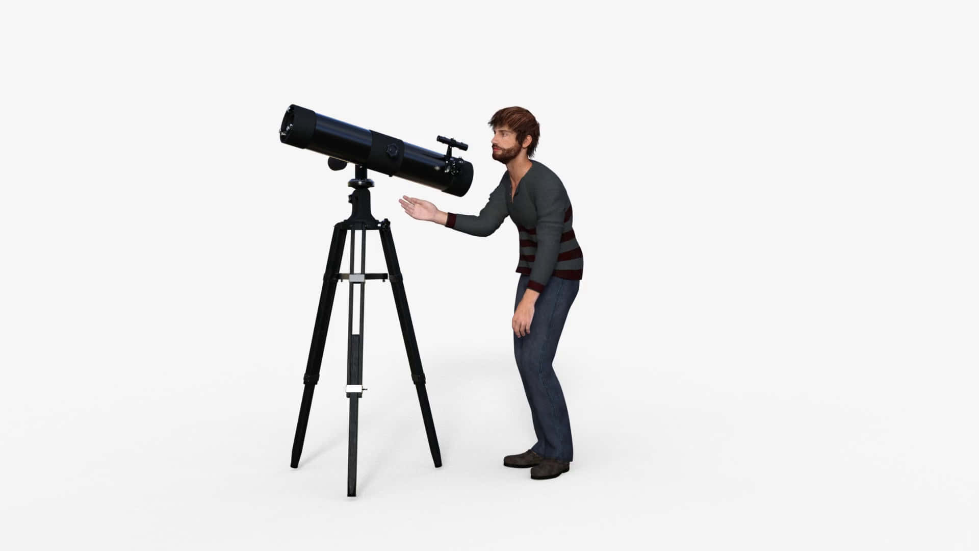 astronomy 桌布 壁紙 — 一名穿著條紋毛衣的男子站在白色背景前，旁邊是一個三腳架上的黑色望遠鏡。