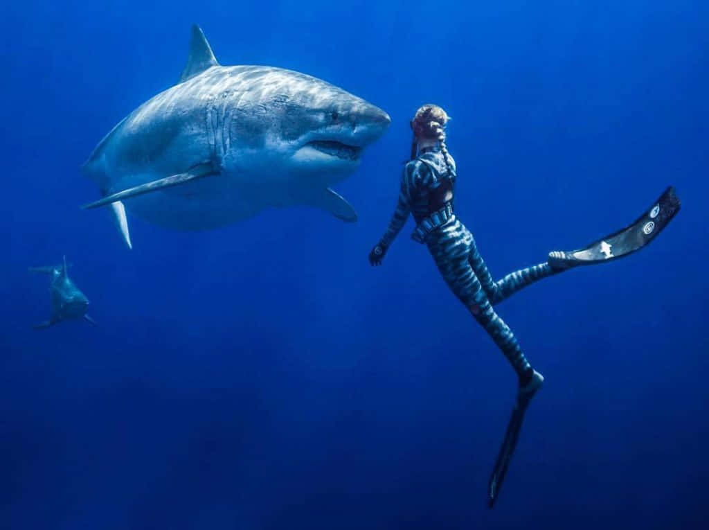 Underwater Scary Ocean 桌布 壁紙 — 一名穿著條紋裝備的潛水員在深藍色海洋中，平靜地滑行在一條巨大的大白鯊旁邊。