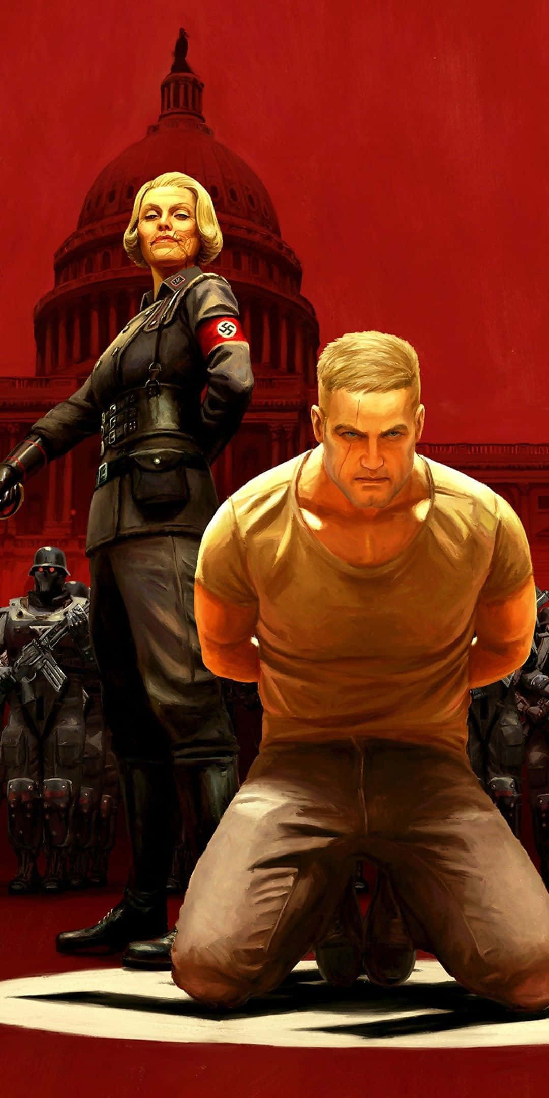 Pixel 3 Wolfenstein Ii 桌布 壁紙 — 一名穿著棕褐色襯衫的跪地男子面向前方，一名金髮女子身穿黑色制服，佩戴納粹臂章，站在他身後，背景為紅色，上有美國國會大廈。