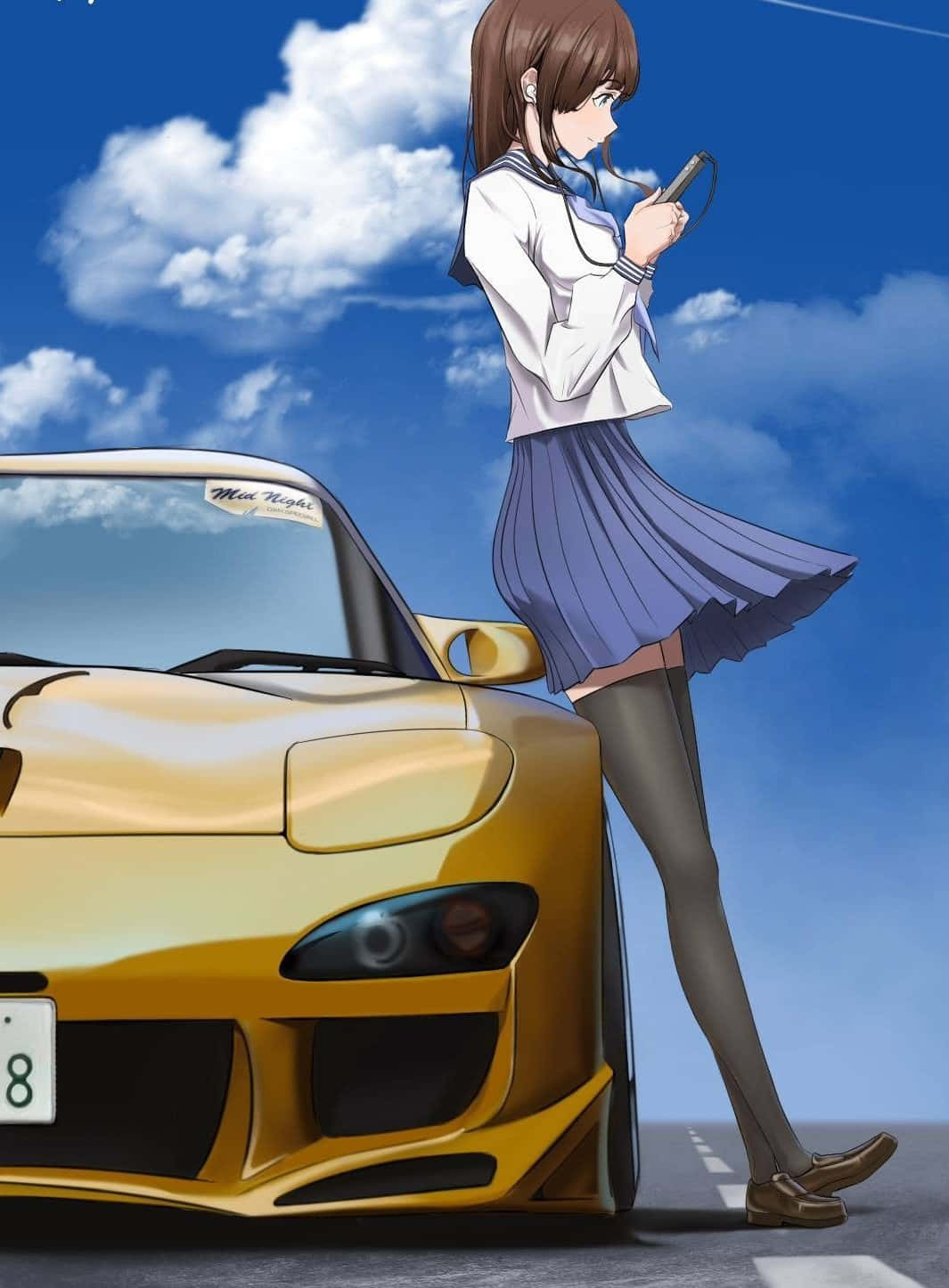 動漫女孩 桌布 壁紙 — 一名穿著水手服的女學生靠在一輛金色跑車旁，背景是晴朗藍天和蓬鬆白雲。