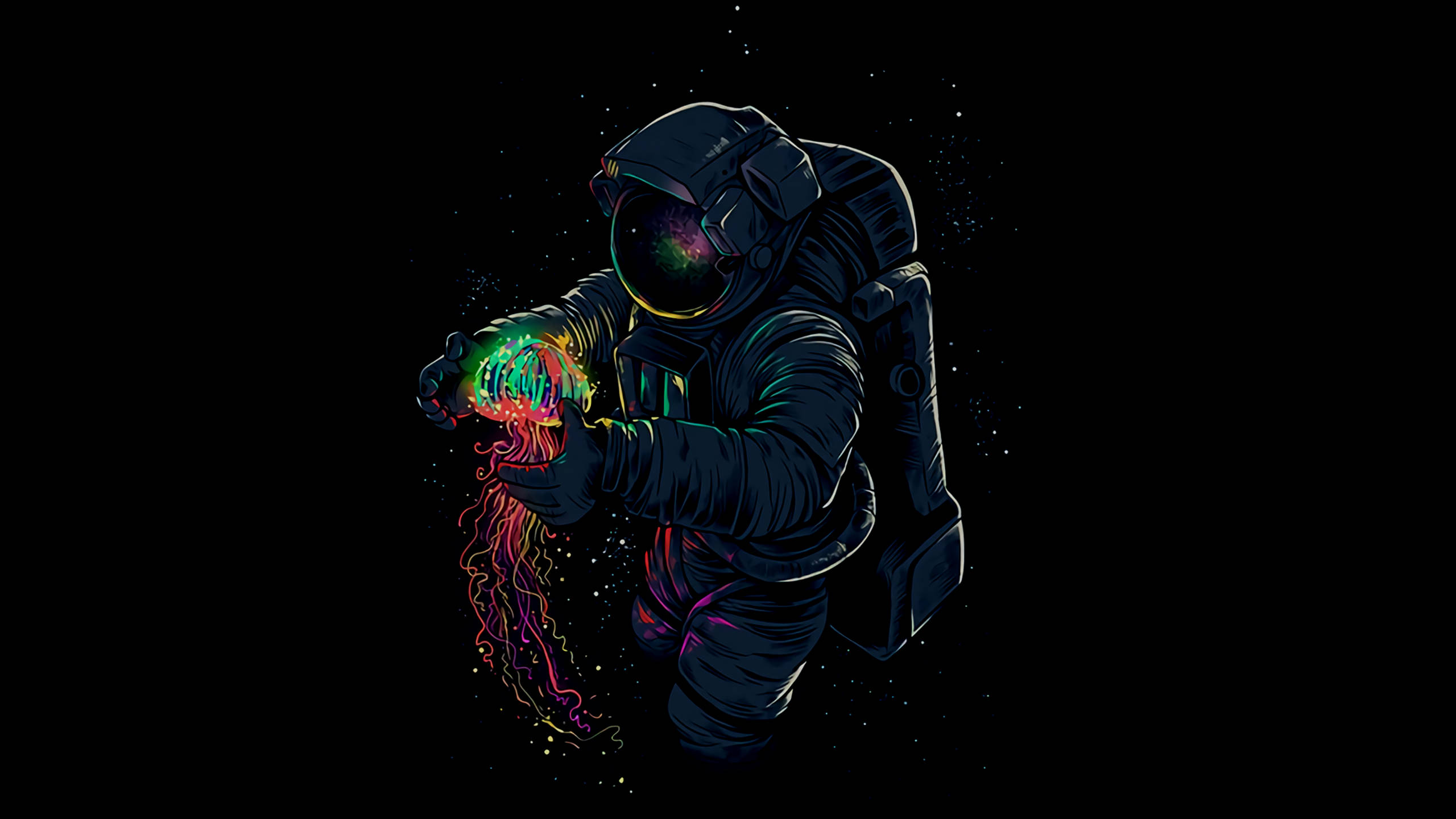 水母 桌布 壁紙 — 一名穿著深色太空衣的太空人，在繁星點點的黑色虛空中手持發光的霓虹水母。