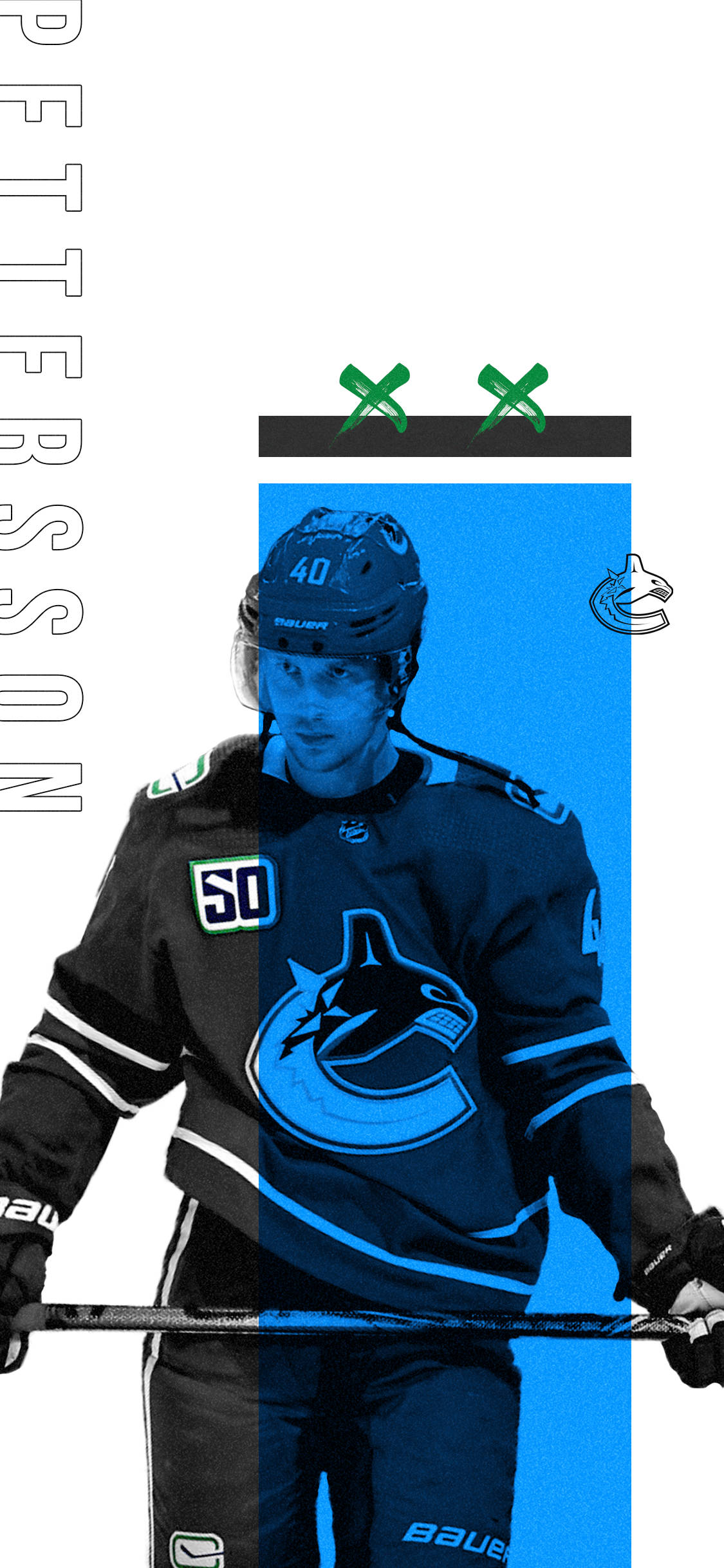 hockey 桌布 壁紙 — 一名穿著溫哥華加人隊球衣的曲棍球運動員，在一個大膽的藍白圖形背景前拿著球棍，他的名字垂直排列。