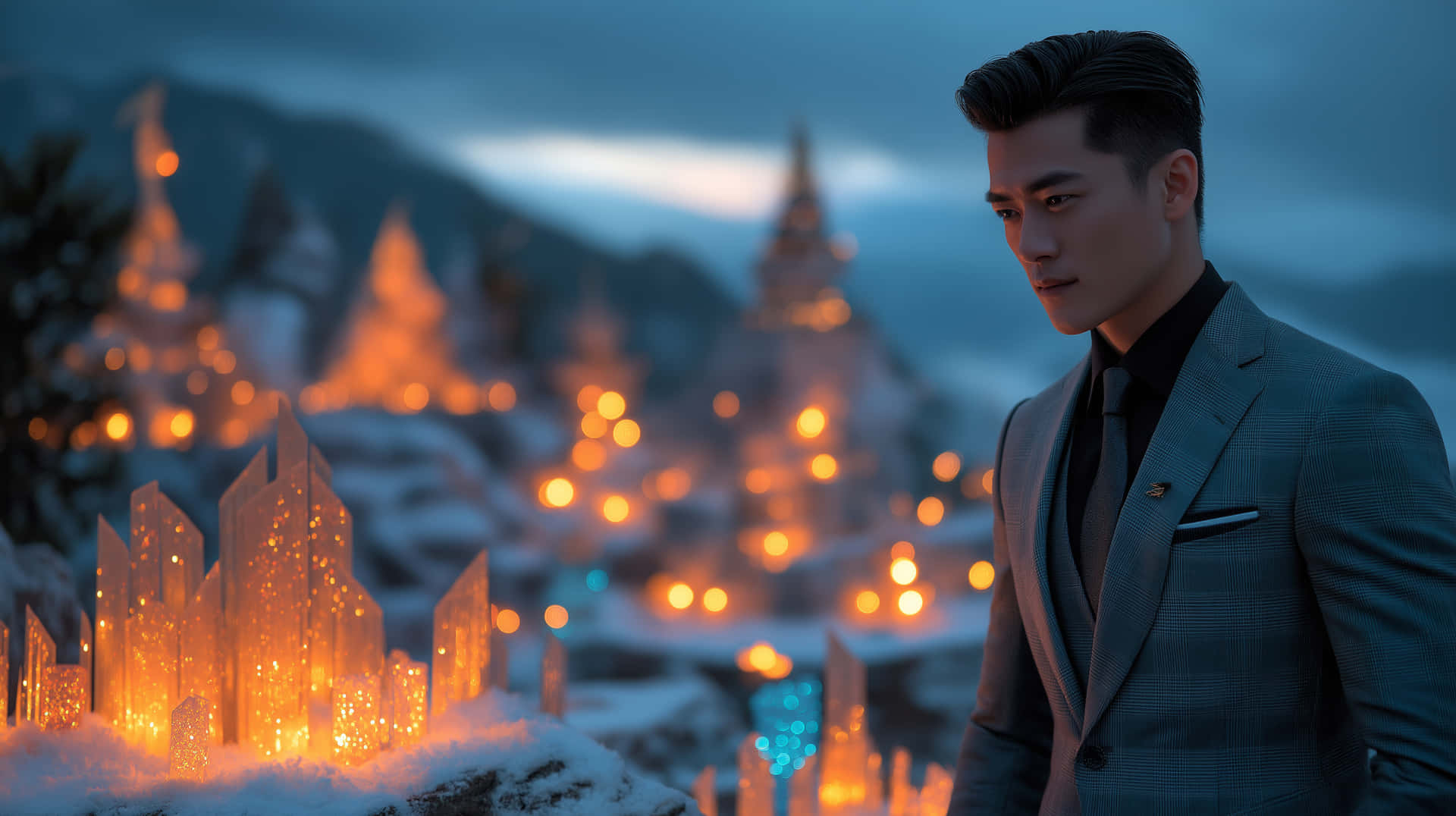 Elegant Man Amidst Glowing Crystal Formations in Snow 壁紙 — 一名穿著灰色西裝的男子站在雪地中，旁邊是發光的橙色水晶結構，背景有模糊的暖光和山脈，正值黃昏。