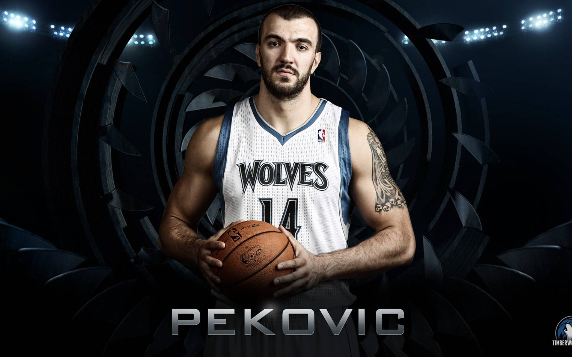 Timberwolves 桌布 壁紙 — 一名穿著狼隊球衣的籃球運動員在黑暗的圓形隧道背景下，手持籃球，周圍有明亮的聚光燈。