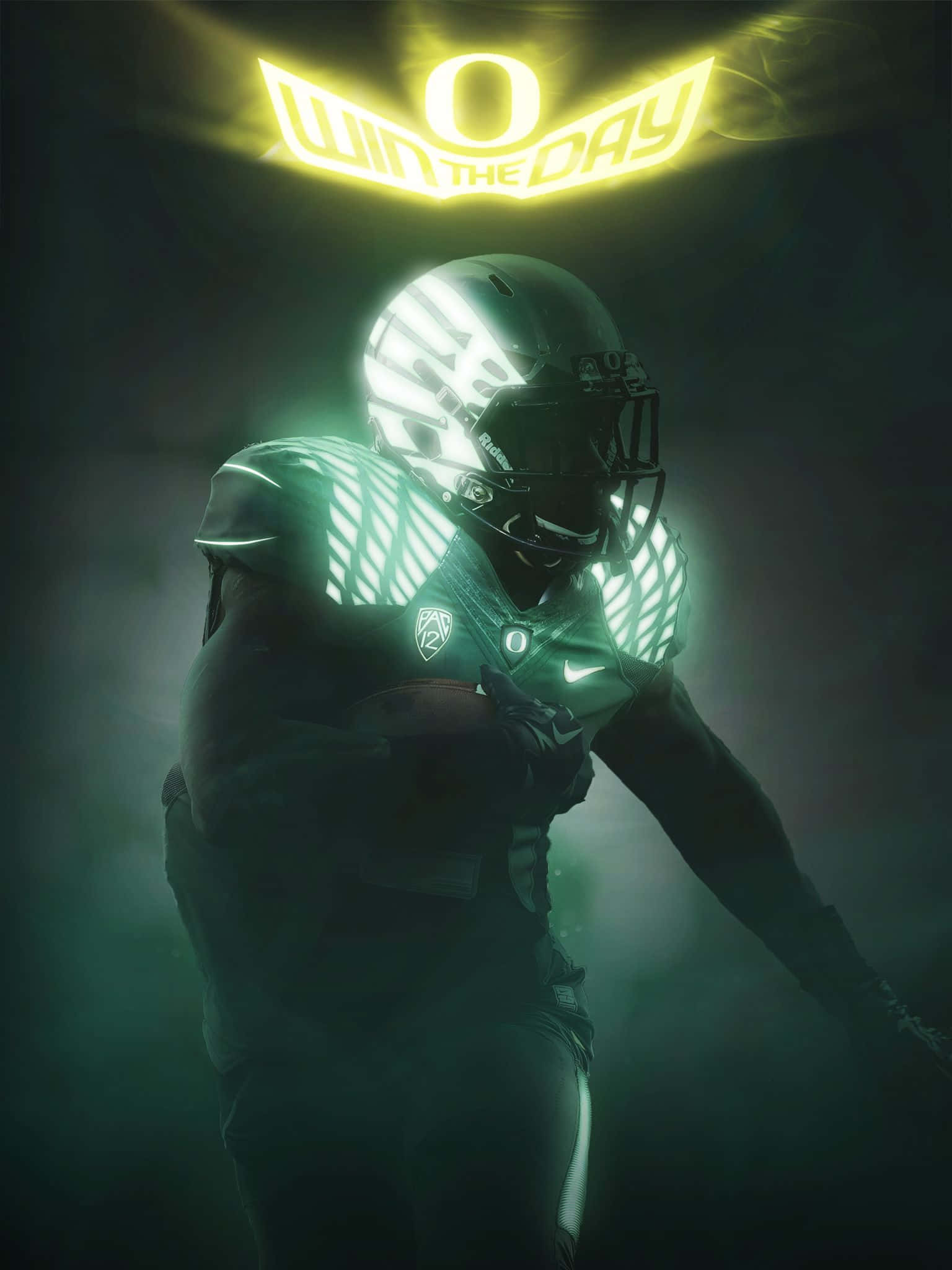 Awesome Football 桌布 壁紙 — 一名穿著發光綠色裝備的足球運動員在閃耀的「O WIN THE DAY」標誌下帶著球奔跑。