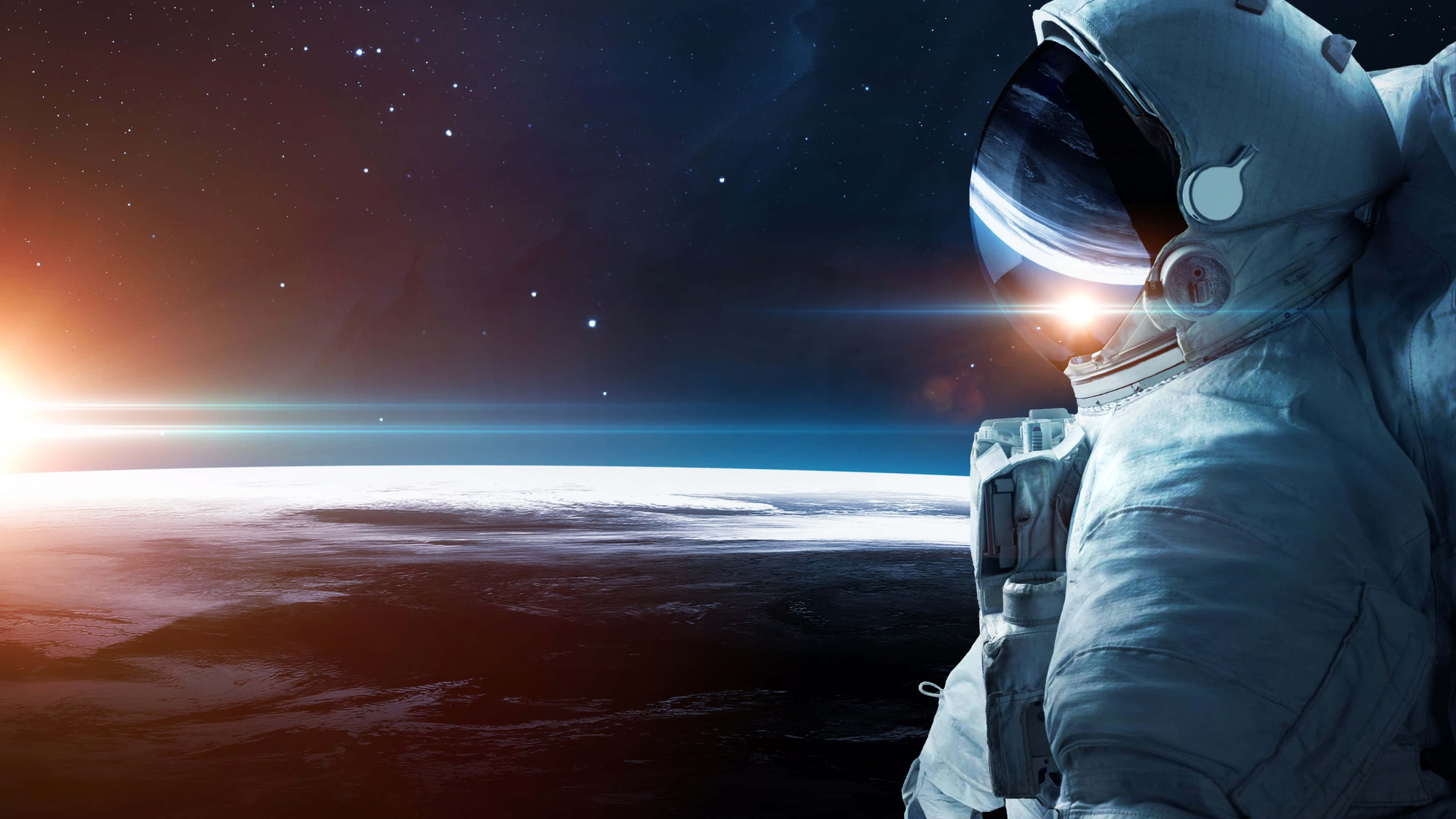 Amazing Astronaut 桌布 壁紙 — 一名穿著白色太空衣的太空人，在繁星點點的宇宙背景下，從軌道上凝視著地球，背景是閃耀的日出地平線。