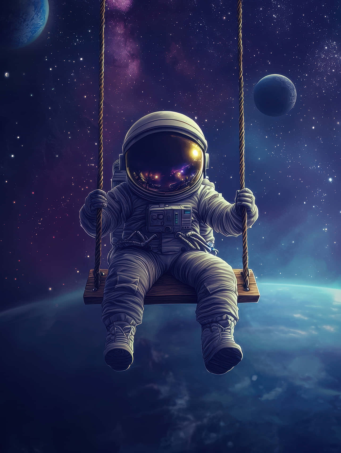 Astronaut on a Swing Floating in Outer Space 壁紙 — 一名穿著白色太空衣的太空人在一個懸掛在深空中的木製鞦韆上盪來盪去，可以看到行星和星星。